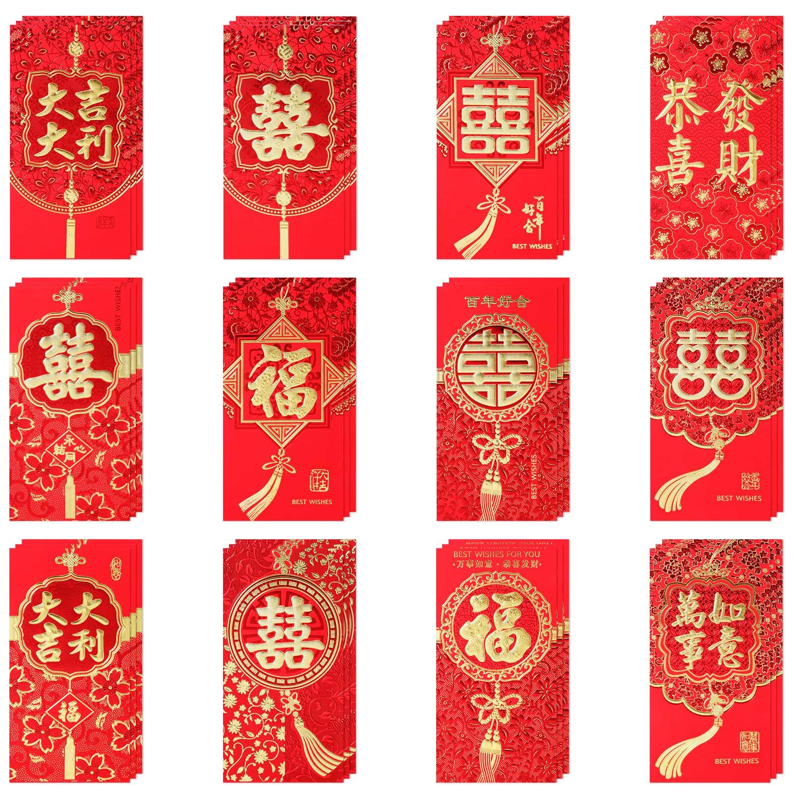 Enveloppes Rouges du Nouvel An Chinoises Porte-bonheur Lot de 36 pour Mariage Fête du Printemps