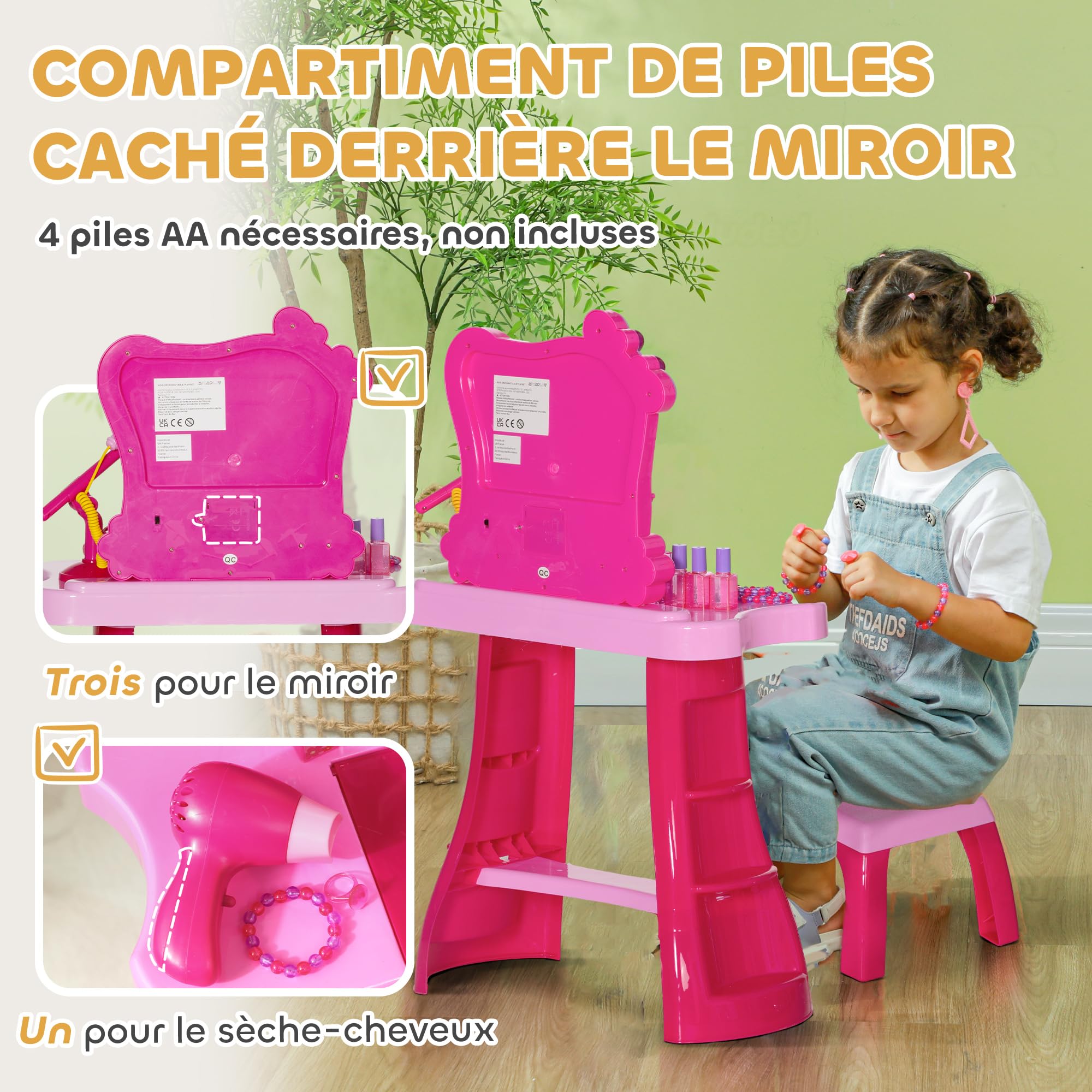 AIYAPLAY Ensemble de Coiffeuse pour Enfants 15 PCS, Table de Maquillage avec Tabouret et Miroir, lumière, Musique, Microphone, sèche-Cheveux, Espace de Rangement, pour Filles de 3 à 6 Ans, Rose