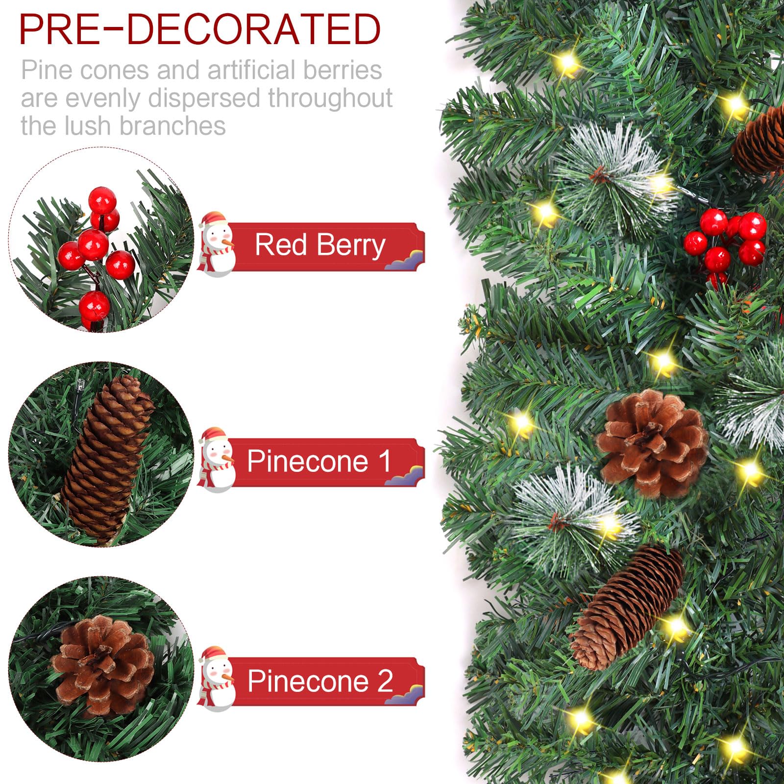 CCINEE Guirlande de Noël artificielle pré-éclairée de 2,7 m, guirlande de Noël à piles avec 50 lumières LED, guirlande de Noël éclairée avec pommes de pin et baies rouges pour décoration intérieure et