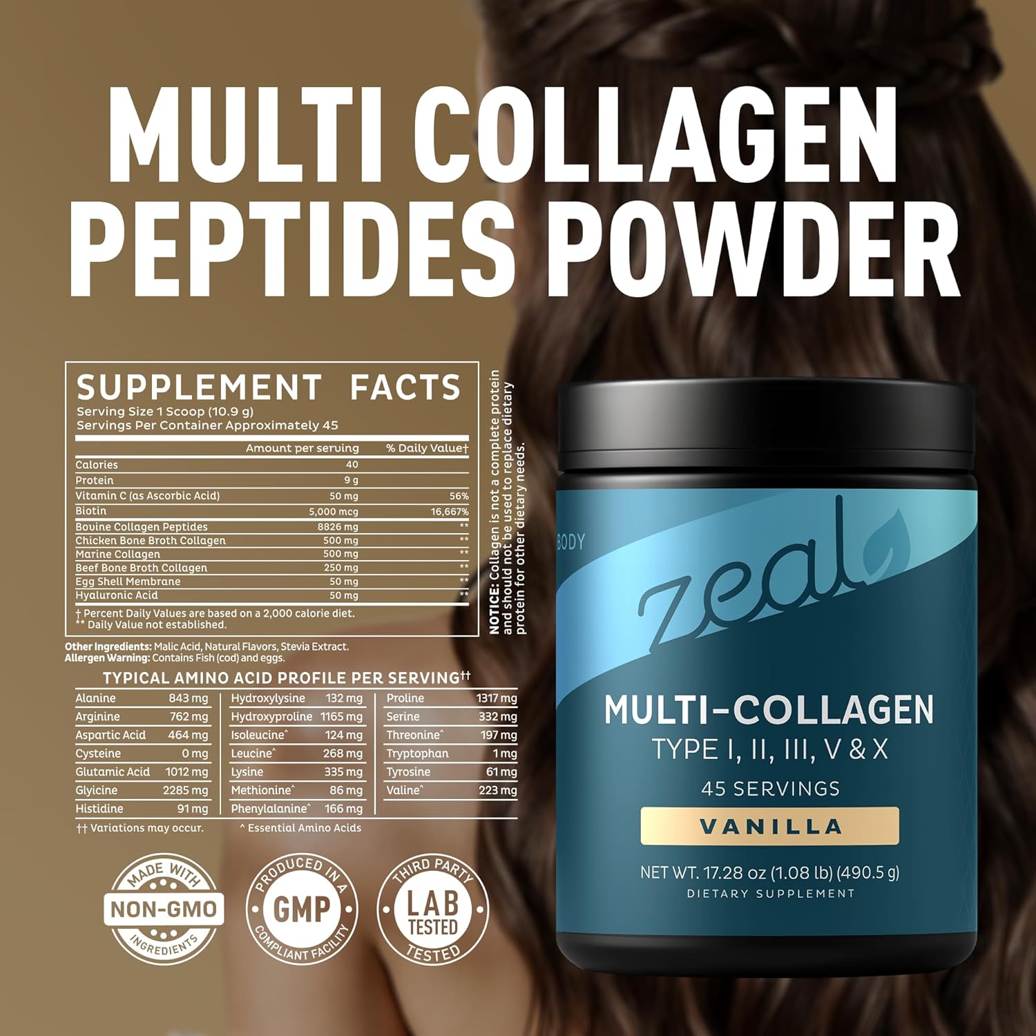 Premium Multi Collagen Peptides Powder (1, 2, 3, 5 & 10) with Protein. Vitamin C, Biotin, Hyaluronic Acid, for Hair Skin and Nails - Marine, Bovine, Chicken & Eggshell (Vanilla, 45 Servings) - Image 2