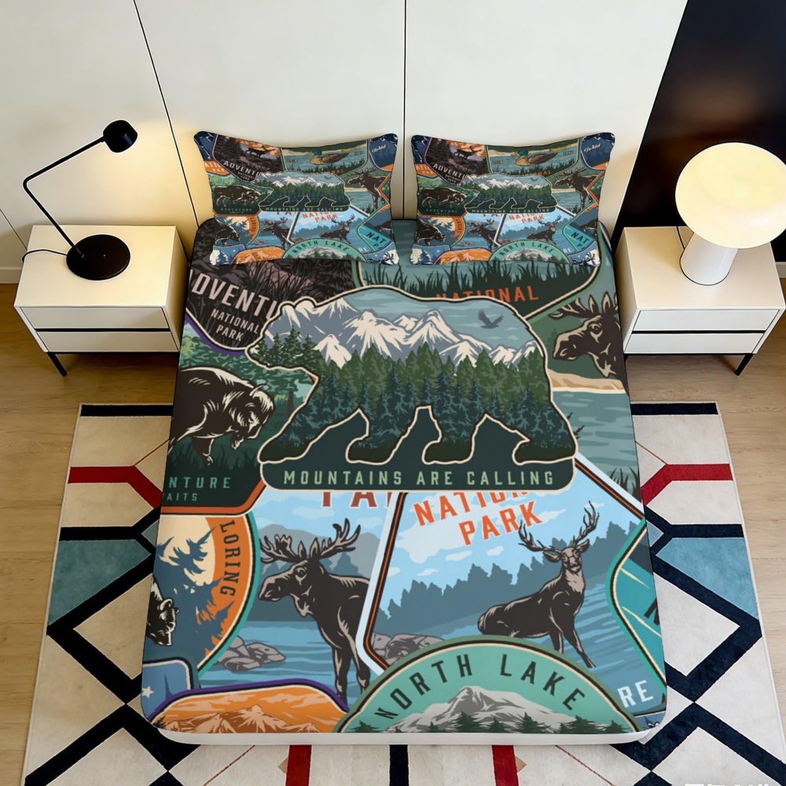 3D Printed Mountain Forest Fitted Sheet Microfiber Soft Elk Lake Bed Cover for Bedroom Guest Room Decor 90x200x25cm
