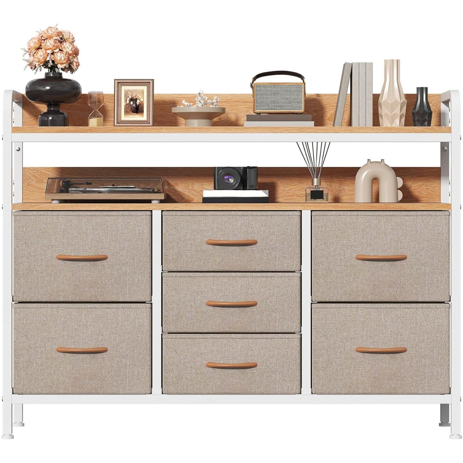 Feonase Chest of Drawers Bedroom, Fabric Dresser with 7 Drawers, Storage Dresser with 2 Layer Shelves, Tall Storage Organizer Unit with Steel Frame, for Bedroom, Living Room, Hallway, Beige