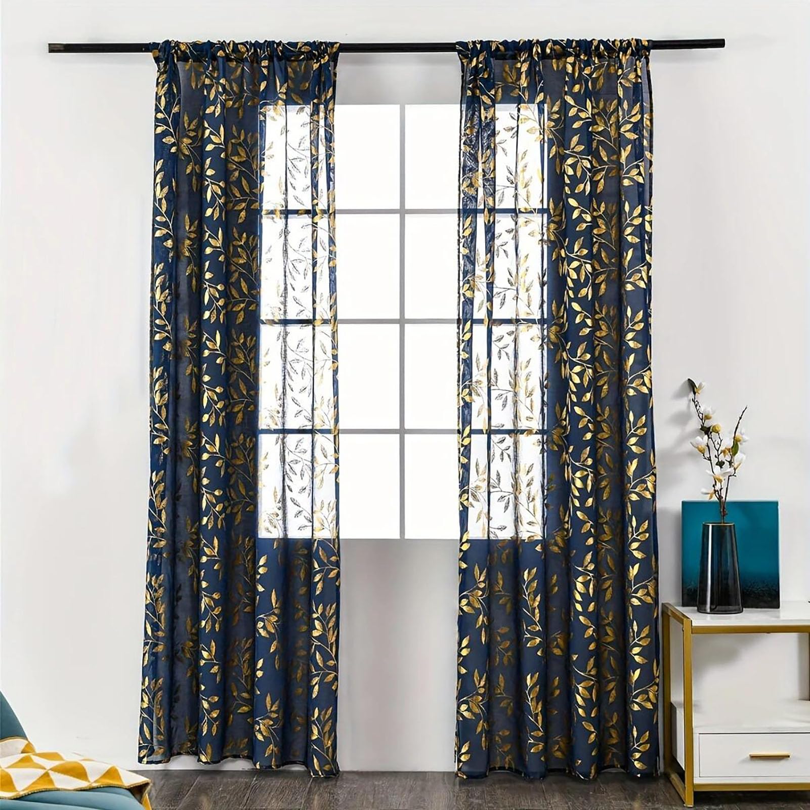 BOYOUTH Gold Foil Leaf Pattern Sheer Voile Curtains for Window Decorations,Rod Pocket Curtains and Drapes for Bedroom,Study,Living Room,Navy Blue,52 by 108 Inches,2 Panels