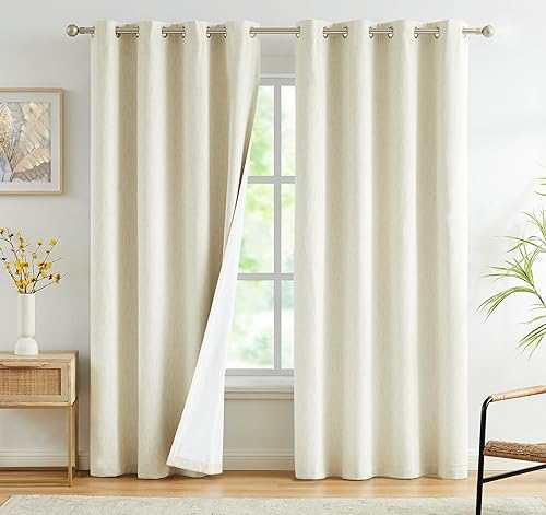 Cortinas opacas de lino marfil natural de 63 pulgadas de largo para dormitorio, cortinas de lino de arpillera con forro blanco aislado térmico, que
