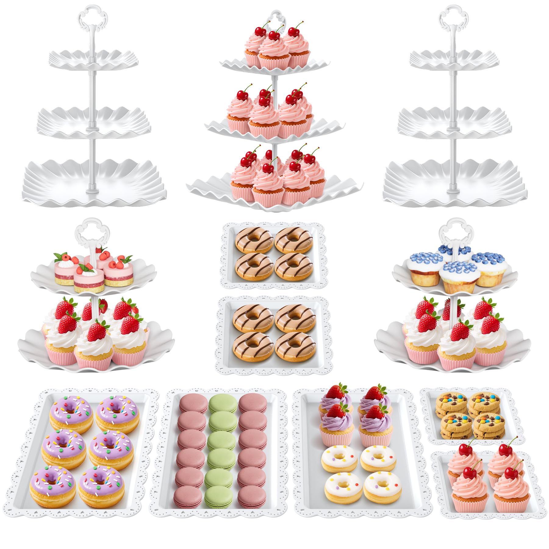 Photo 1 of 12Pcs Dessert Table Display Set, Cupcake Stand, 3-Tier Cup Cake Tower Stands & 2-Tiered Cake Holder, Treat Food Platters Serving Trays for Tea Party, Baby Shower, Bridal, Wedding, Birthday, Plastic