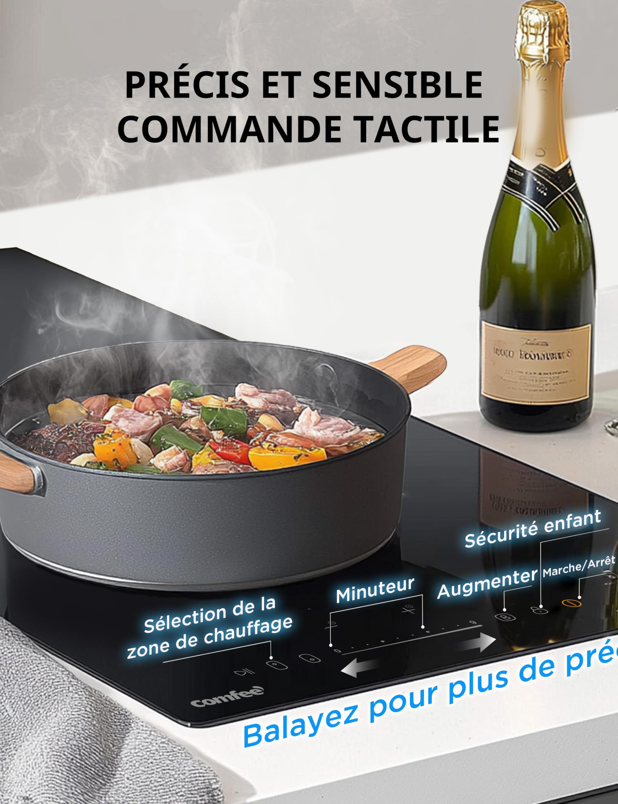 COMFEE' CIH351D257K0 Table de Cuisson à Induction Encastrable 2 Zones, 9 Niveaux de Puissance, Fonction Boost, Commande Tactile