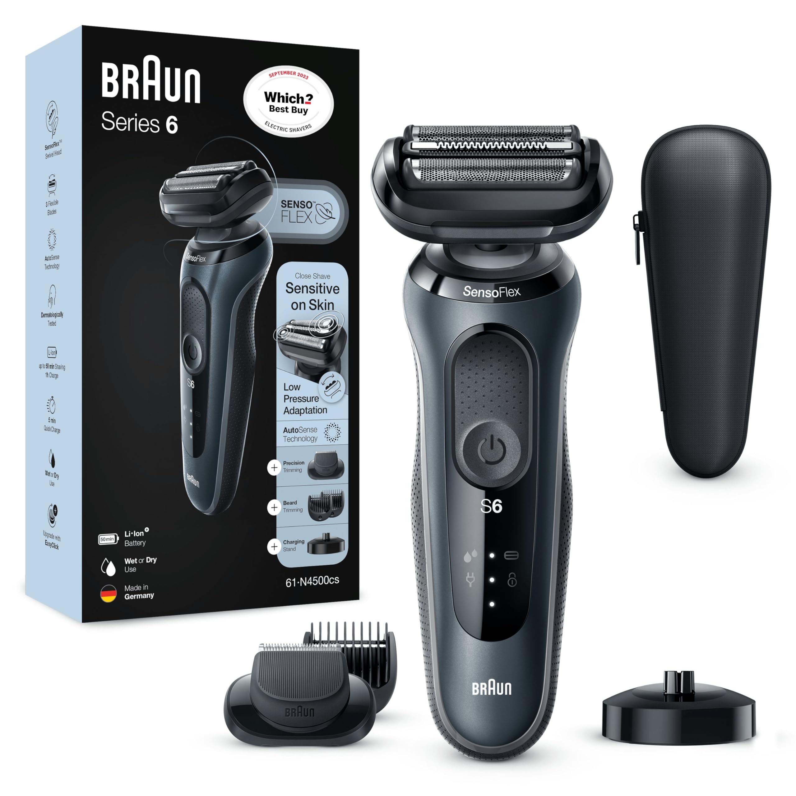 Braun Series 6 60-N4500cs Afeitadora Eléctrica Hombre de Lámina con Base de Carga, recortadora de barba, Uso en Seco y Mojado, Recargable, Inalámbrica, Gris