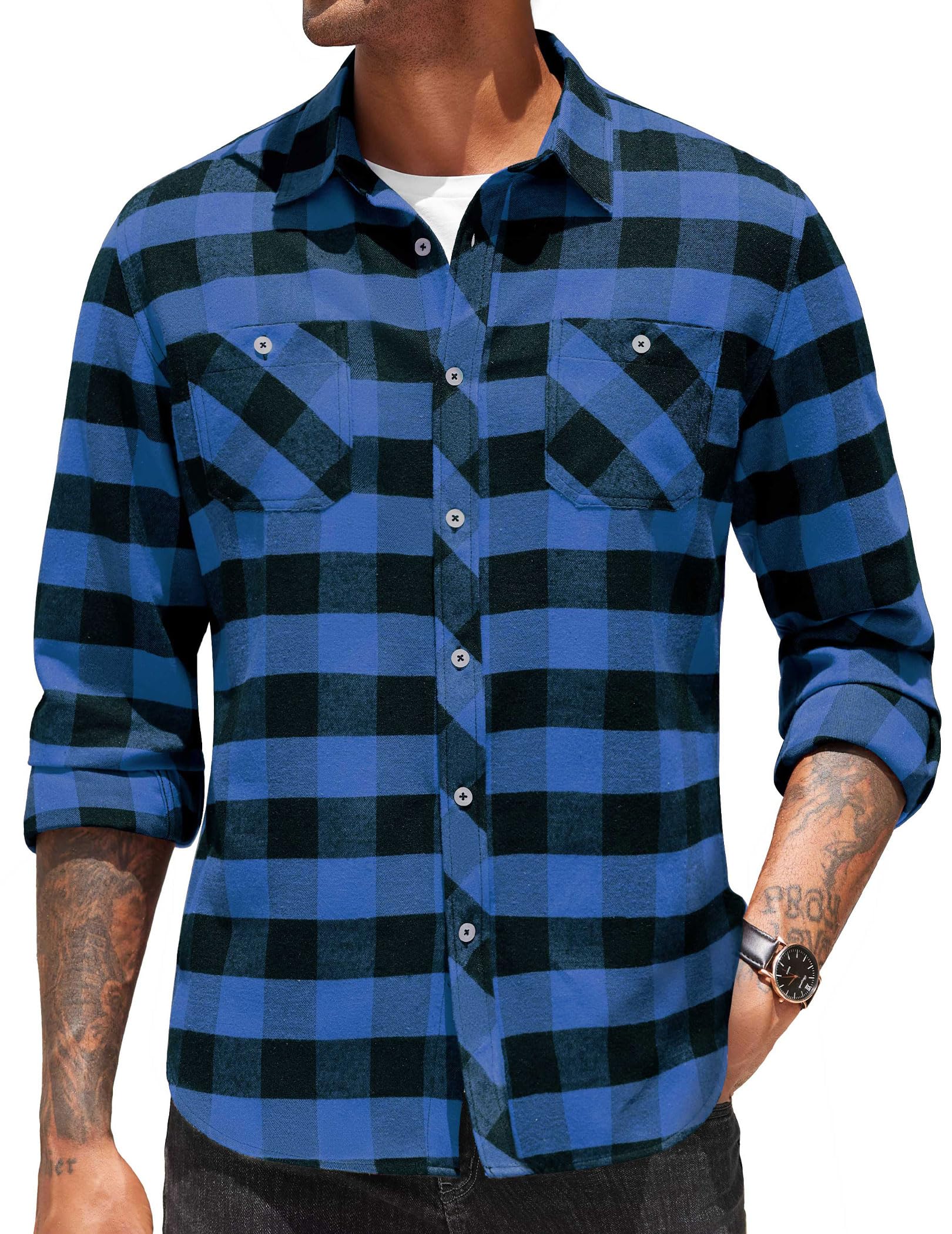 COOFANDY Geruite herenoverhemden met lange mouwen, normale pasvorm, flanellen overhemd, button-down, casual, geruit, outdoorshirts voor heren, Zwart-wit, L