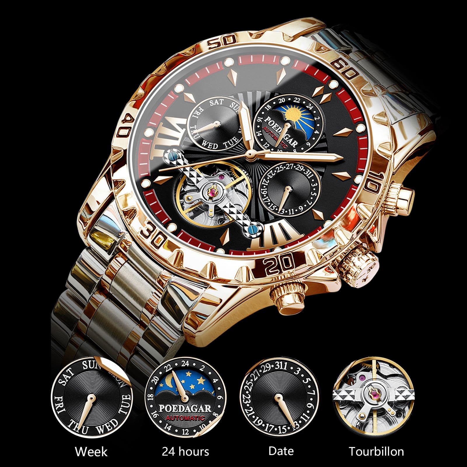 FORSINING Orologio da uomo Tourbillon automatico a carica manuale, cinturino in acciaio inox, fase lunare, orologi meccanici, visualizzazione della data analogica