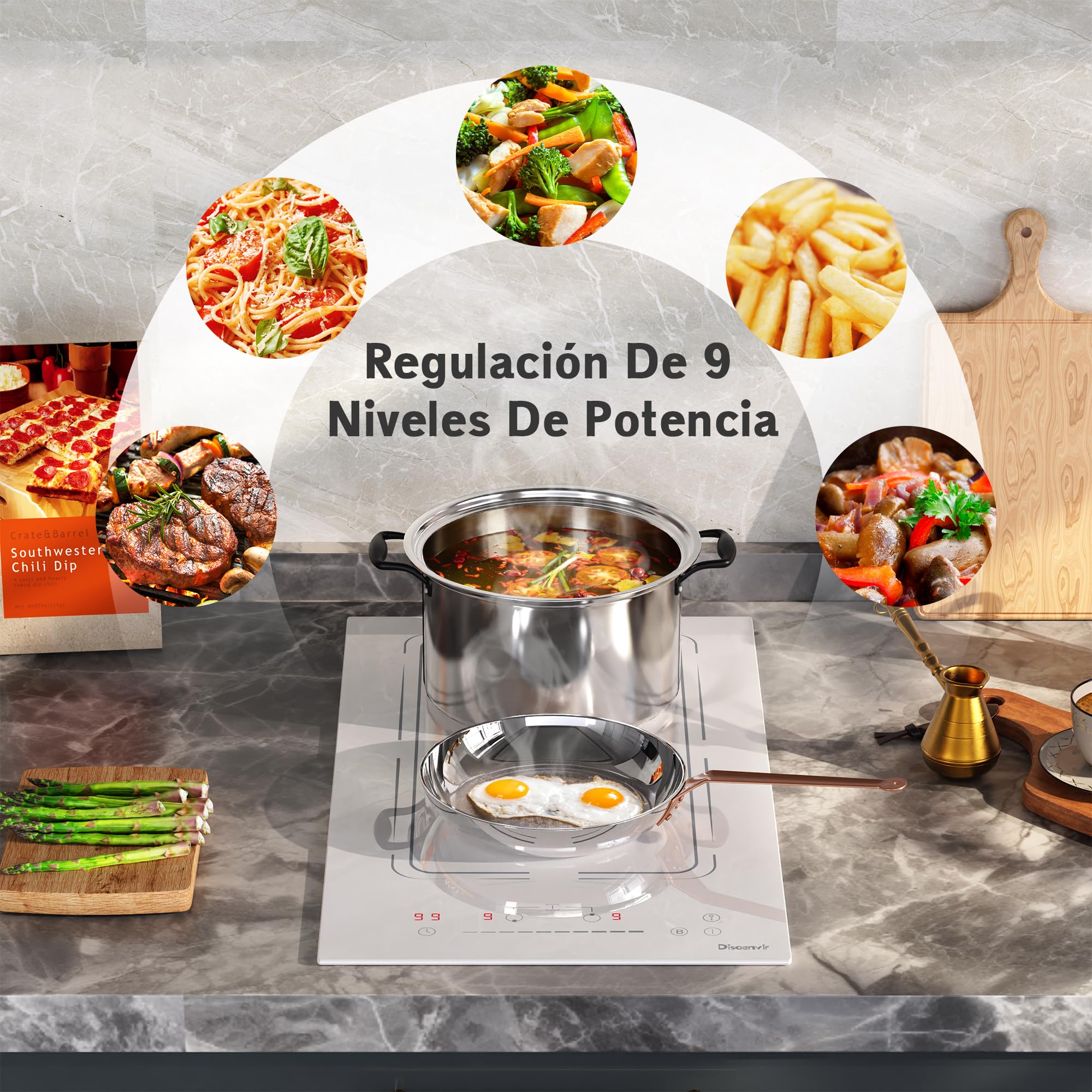 Placa inducción Disaenvir de 2 Fuegos Empotrable, Blanco, 30 cm, 3500 W, enchufe de 220 V, 9 Niveles de Potencia, Función Boost, Temporizador y Protección Antitoque, Flexible
