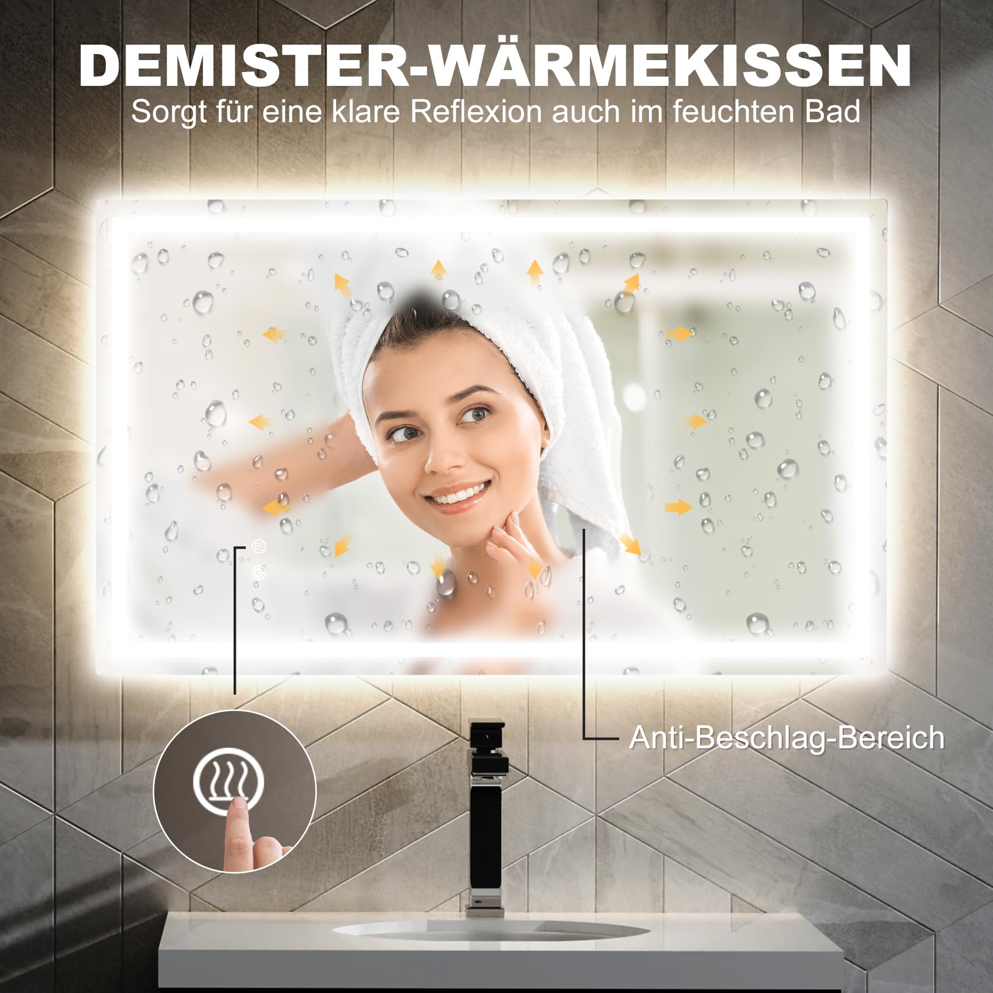 HOMCOM Badspiegel mit Beleuchtung 100x60 cm LED Spiegel mit Vor- und Hinter Beleuchtung Wandspiegel mit Touchschalter Lichtspiegel Beschlagfrei mit 3 Lichtfarben Silber