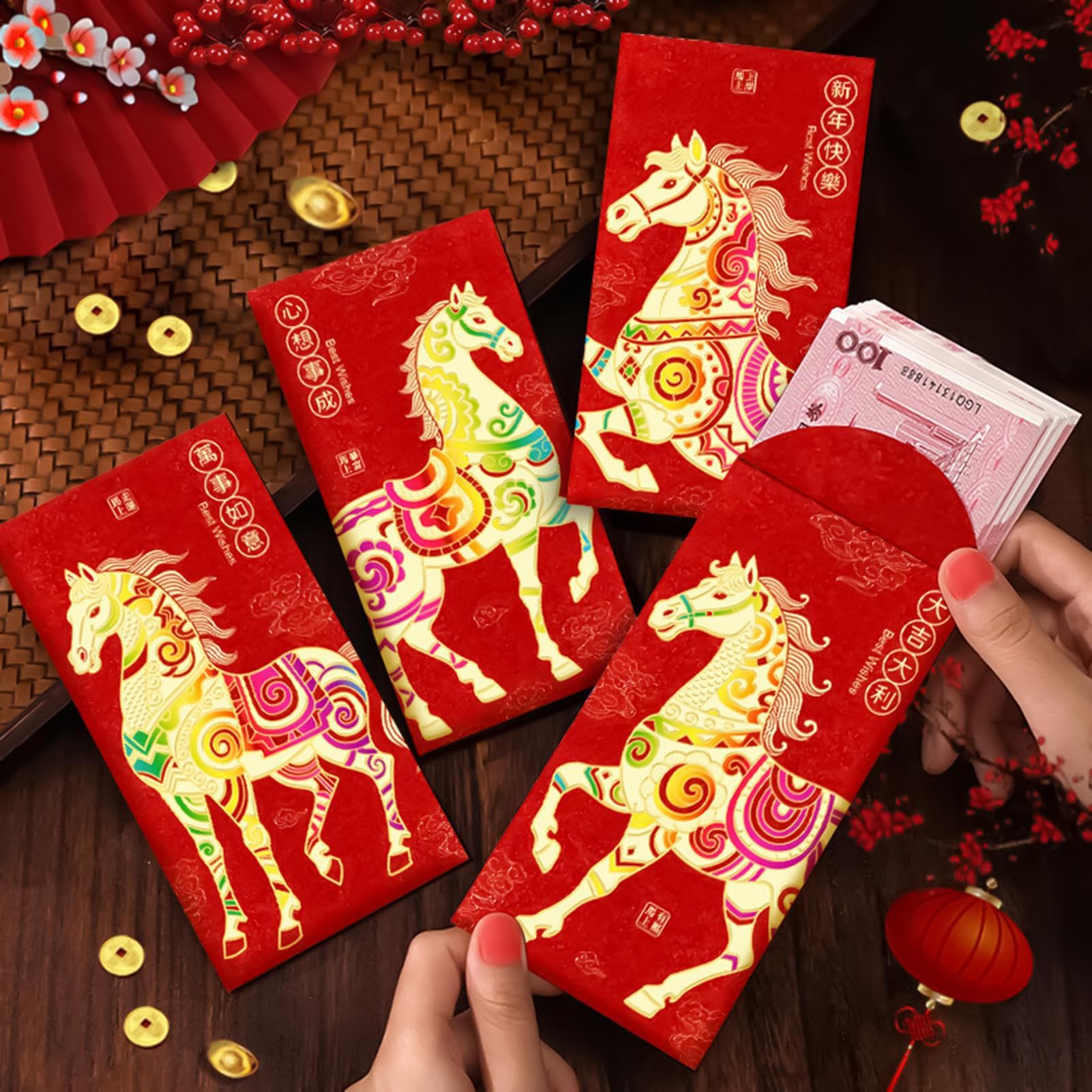 Enveloppe Rouge Chinoise Nouvel An Chinois 6 Pièces Grand 2026 Paquet Argent Rouge Feuille Année Cheval