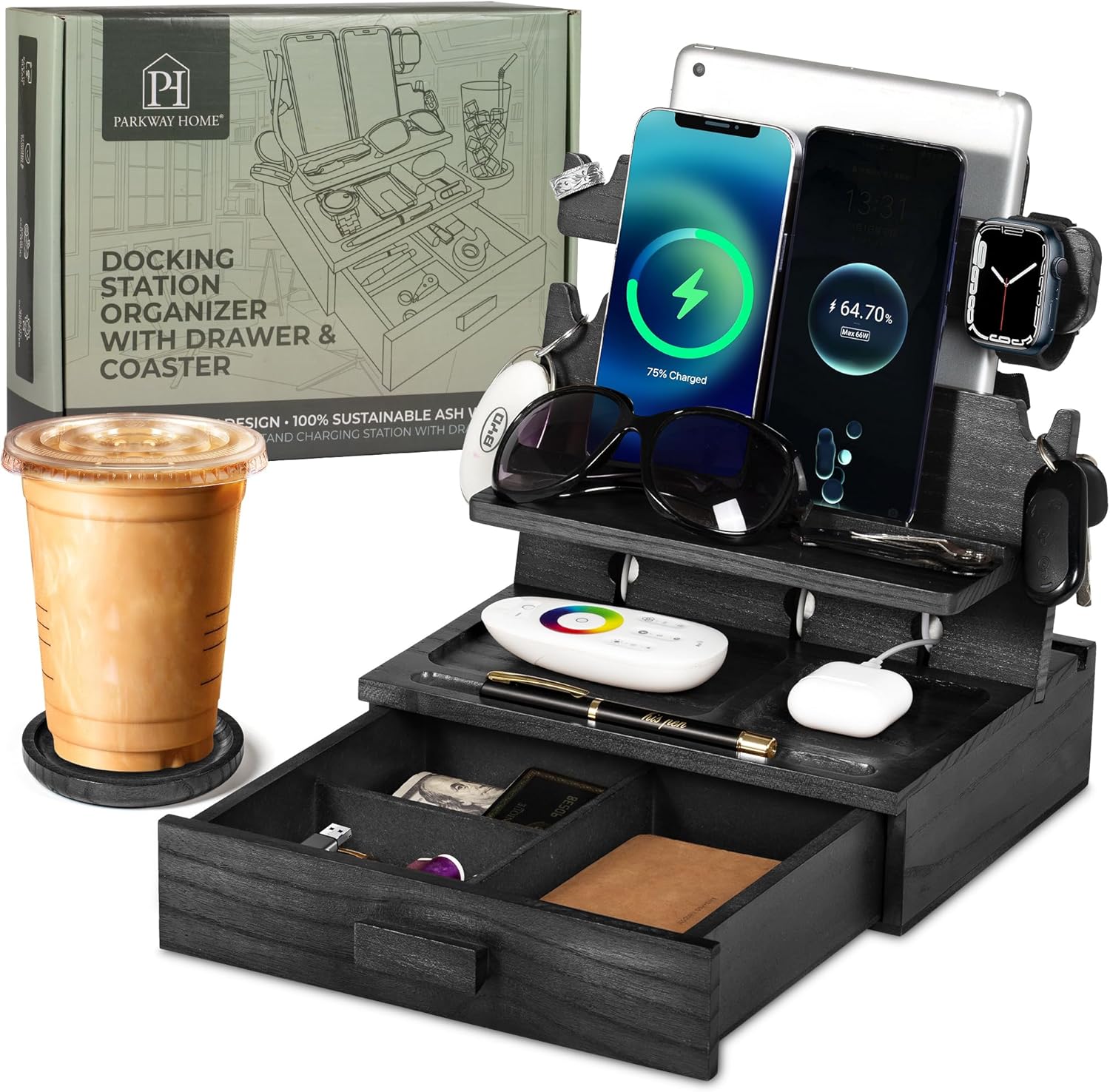 Black Wood Phone Docking Station for up to 3 Phones - Nightstand Organizer for Men & Women Holds Phones, Tablets, Keys, Rings, Glasses, Watches, EDC & More - With Special Drawer for Valuables