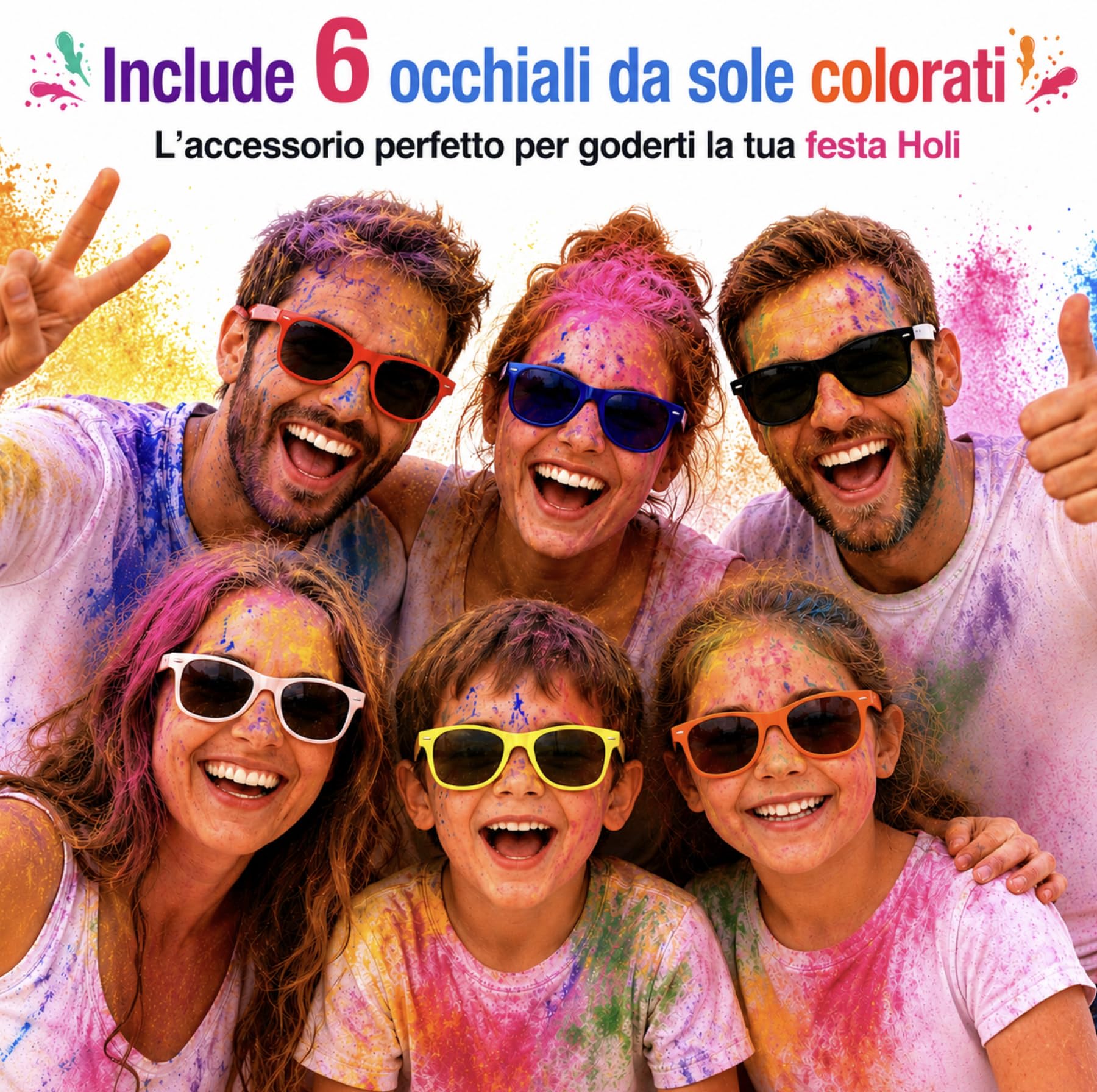 Polveri Holi Colorate – 6 buste da 500 g (3 kg) + 6 Occhiali da Sole