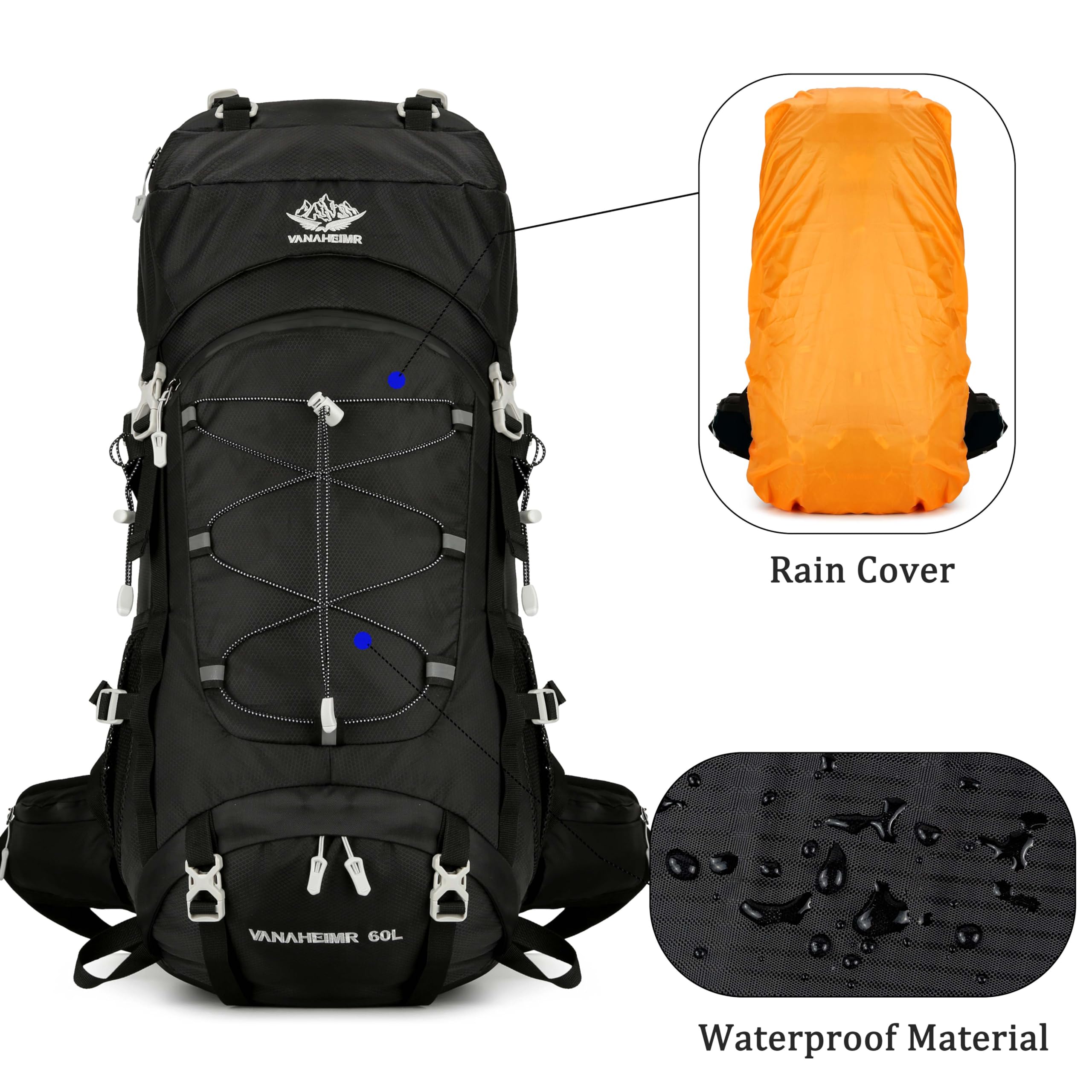 60L Reise-Wander-Camping-Rucksack mit Regenschutz, Rucksack wasserabweisend, Kletterrucksack for Männer Frauen(Black)