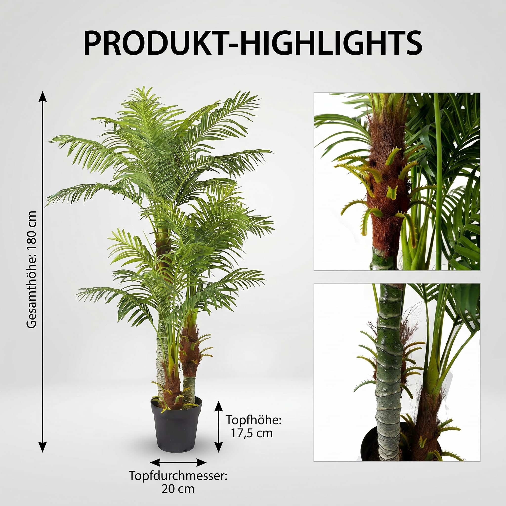 Große Künstliche Palme Deluxe 180cm mit 3 Stämmen und 30 Palmenwedel Kunstpflanze Kunstpalme Zimmerpflanze
