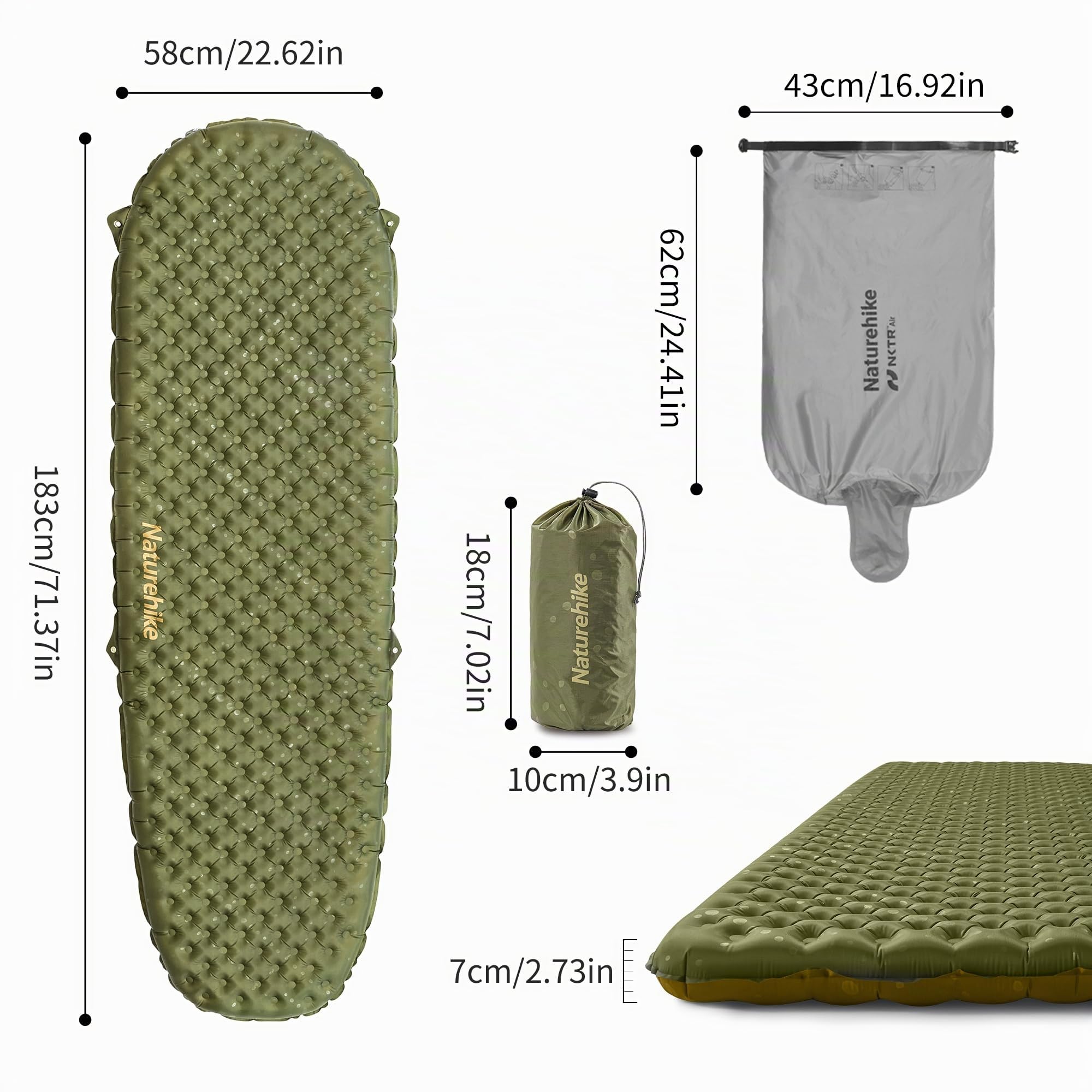 Naturehike Thermal 3,5R Materassino da campeggio, 4 stagioni (-6 ℃), Ultraleggero Materasso Gonfiabile Campeggio con Cuscino per Escursionismo, Trekking, Tenda-Mummy/183 * 58（Green）