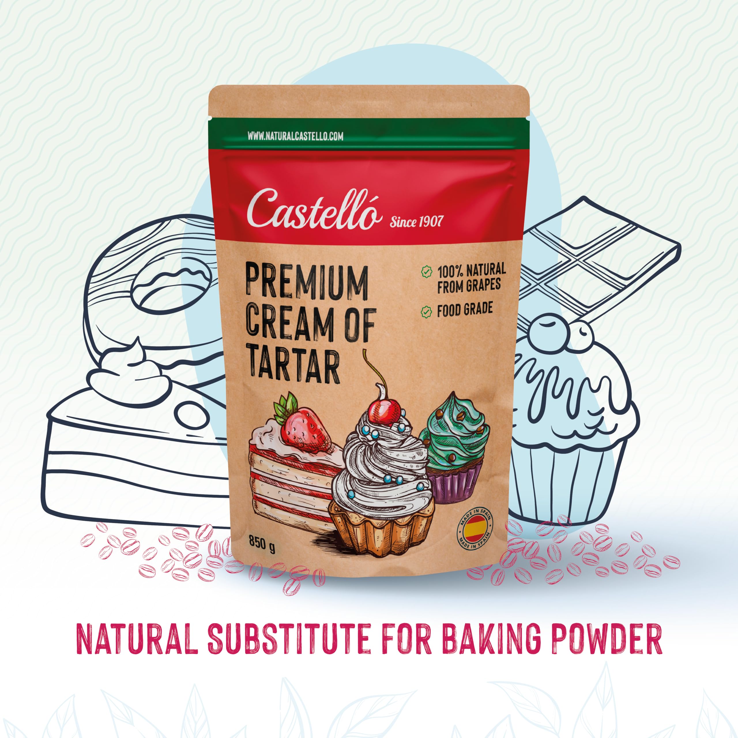 Castello since 1907 Cremor Tártaro (Cream of Tartar) 850 g - 100% Natural - Sustituto Natural de la levadura química - Sin Gluten - Sin aditivos - Sin fosfatos - Keto Y Paleo - No OGM