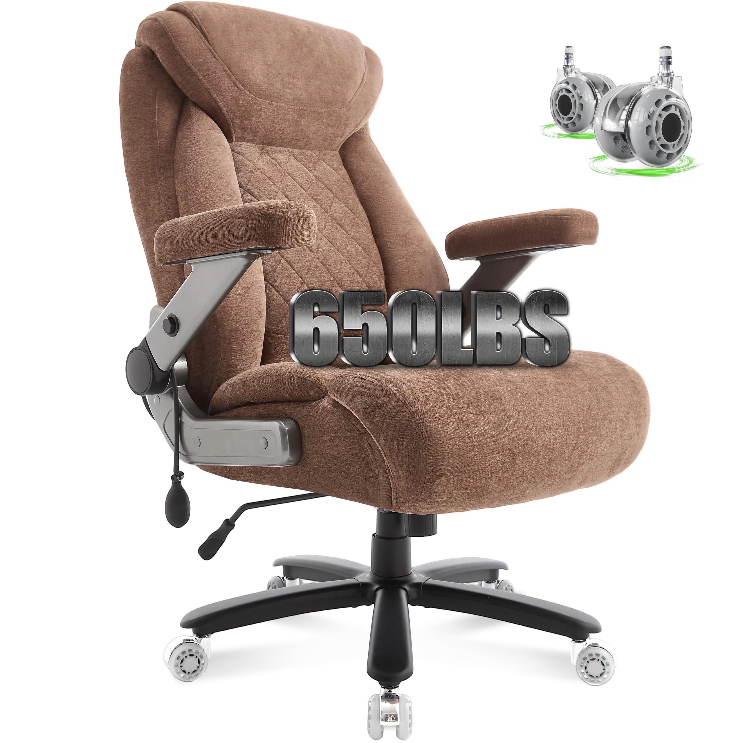 650lbs Big and Tall Office Chair with Thick Spring Cushion,5D Flip Arm Ergonomic Executive Office Chair Adjustable Lumbar Airbag&Extra Wide,Comfy Large Padded Heavy Duty Game Chair,Browncloth