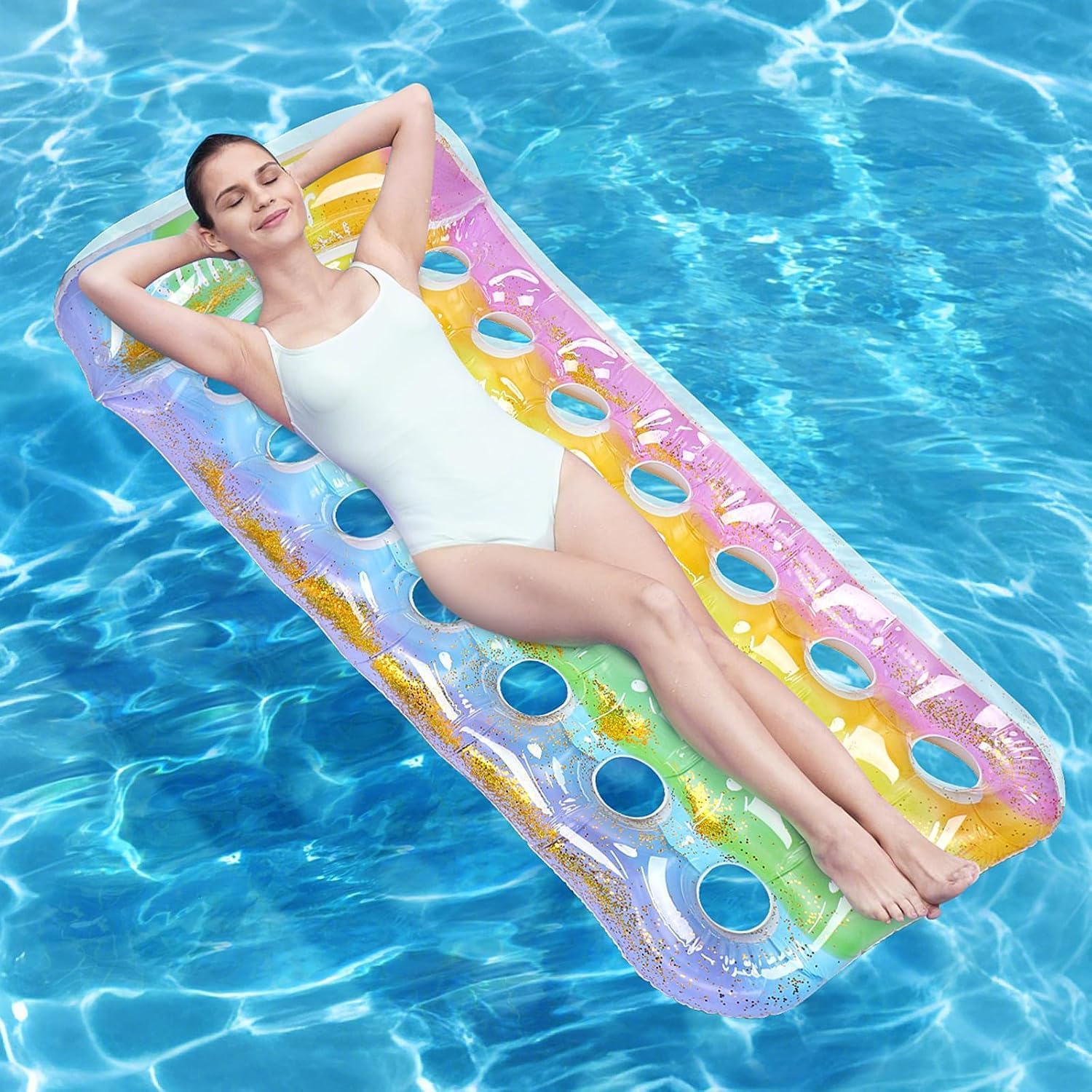 SelfTek Pool Inflatables, Lilo Pool Inflatables for Adults Inflatable Pool Floats with Comfy Headrest and Water Flow Holes, Rainbow Glitter Inflatable Rafts Lounger for Swimming, Sunbath, Tanning — image 1