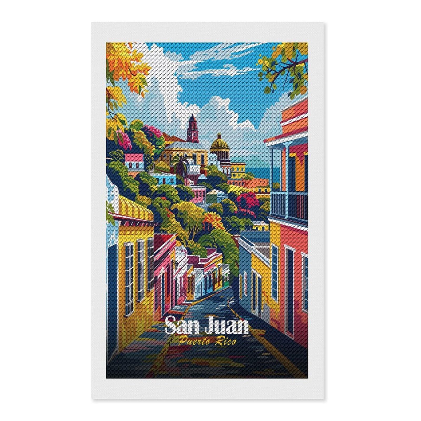 Junmoney San Juan, Puerto Rico Cityscape Crystal Diamond Art Kit 12"x20", Round Gems, Detailed Printed Canvas, Creative Gift Idea, Vintage Style Decor