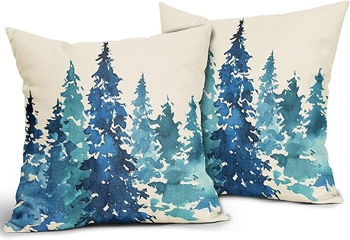 Miniatura 2 de Juego de 2 fundas de almohada de árbol de invierno de 18 x 18 pulgadas, diseño rústico de naturaleza, verde azulado, bosque, fundas decorativas para