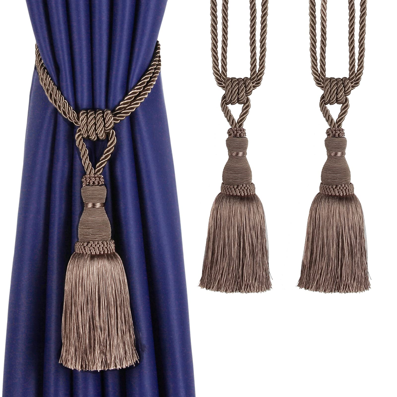 Tassel Curtain Tiebacks， Braided Rope Curtain Tiebacks With Tassels, Multicolor, 2/4 Pcs(Flaxen,2pcs)