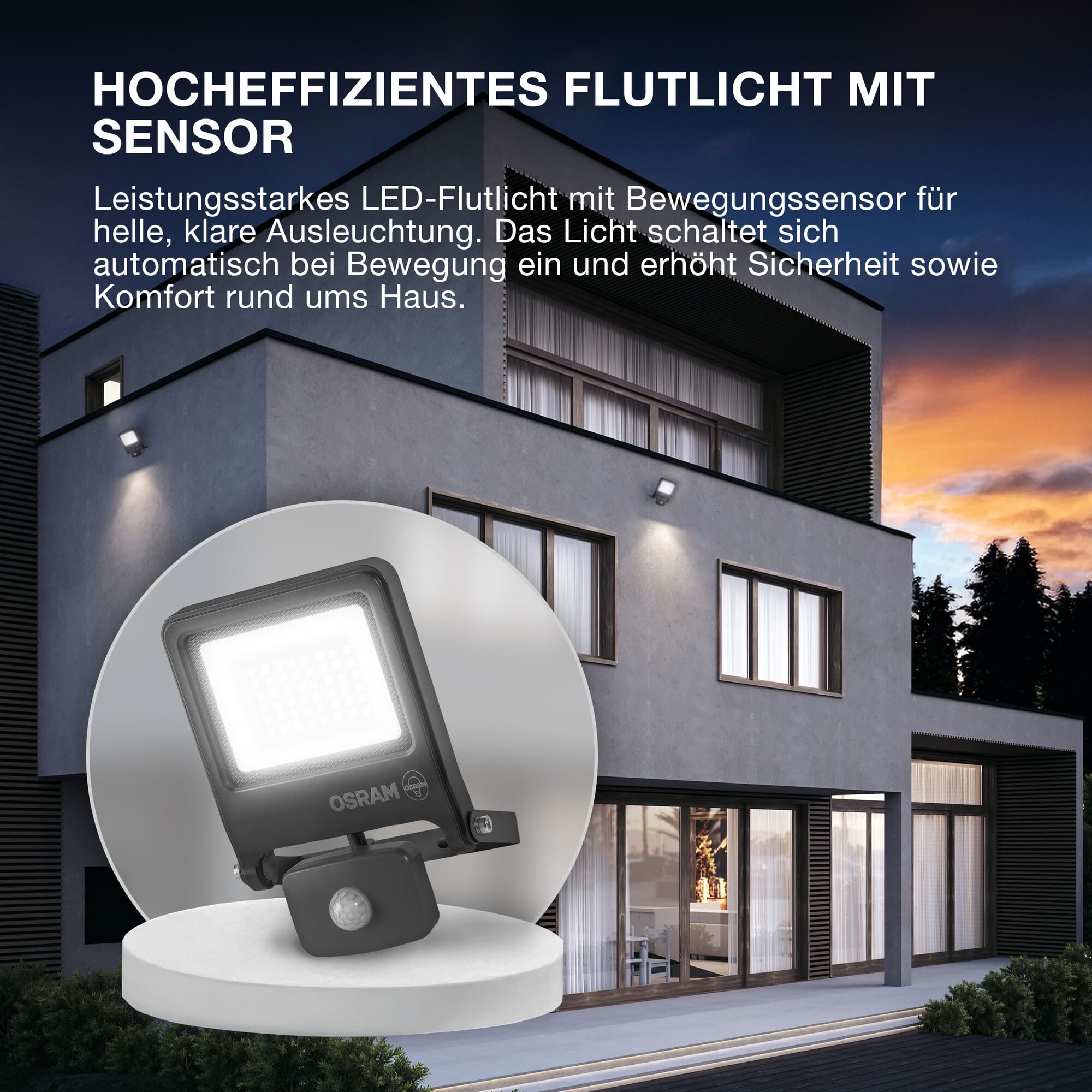 Osram ENDURA FLOOD PC 50W LED-Fluter 4000K 5000 Lumen IP44 Flutlicht IR-Melder 9m Dunkelgrau