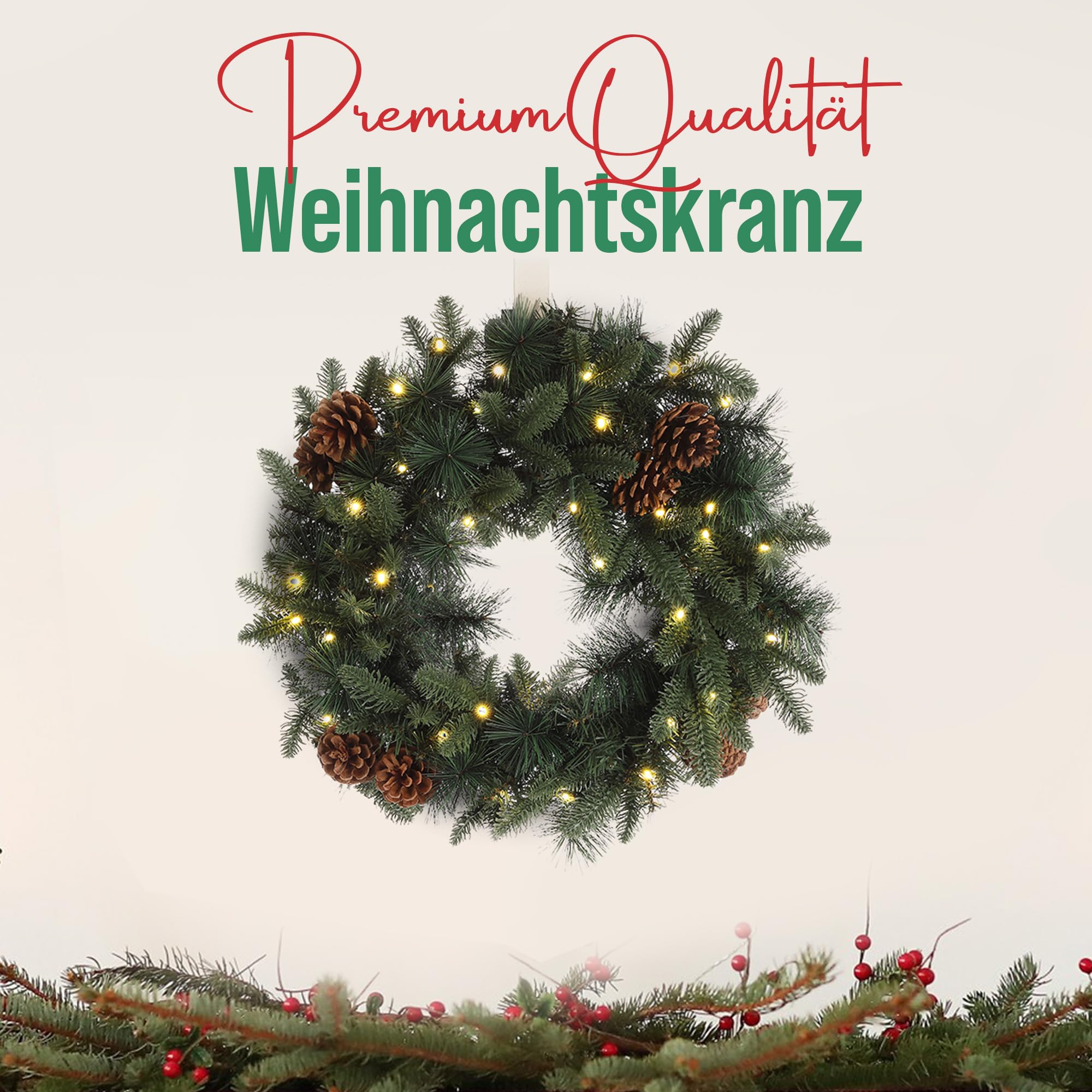 MeisterHome ® Künstlicher Weihnachtskranz Adventskranz für Tür Ø 50 cm - Weihnachtlicher Türkranz für Innen und Außen mit 35 LEDs, Timer und Kiefernzapfen-Beeren-Dekoration + Goldfarbener Aufhänger