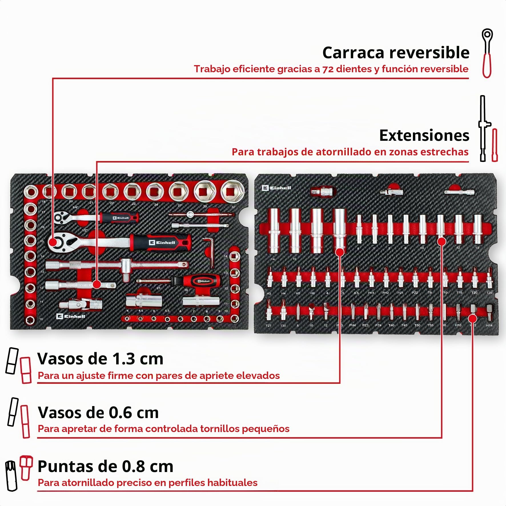 Original Einhell Maletín Herramientas Taller E-Case 92 piezas (equipo, casquillos de coche, boquillas, trinquete, T-Mango, Sistema E Case)