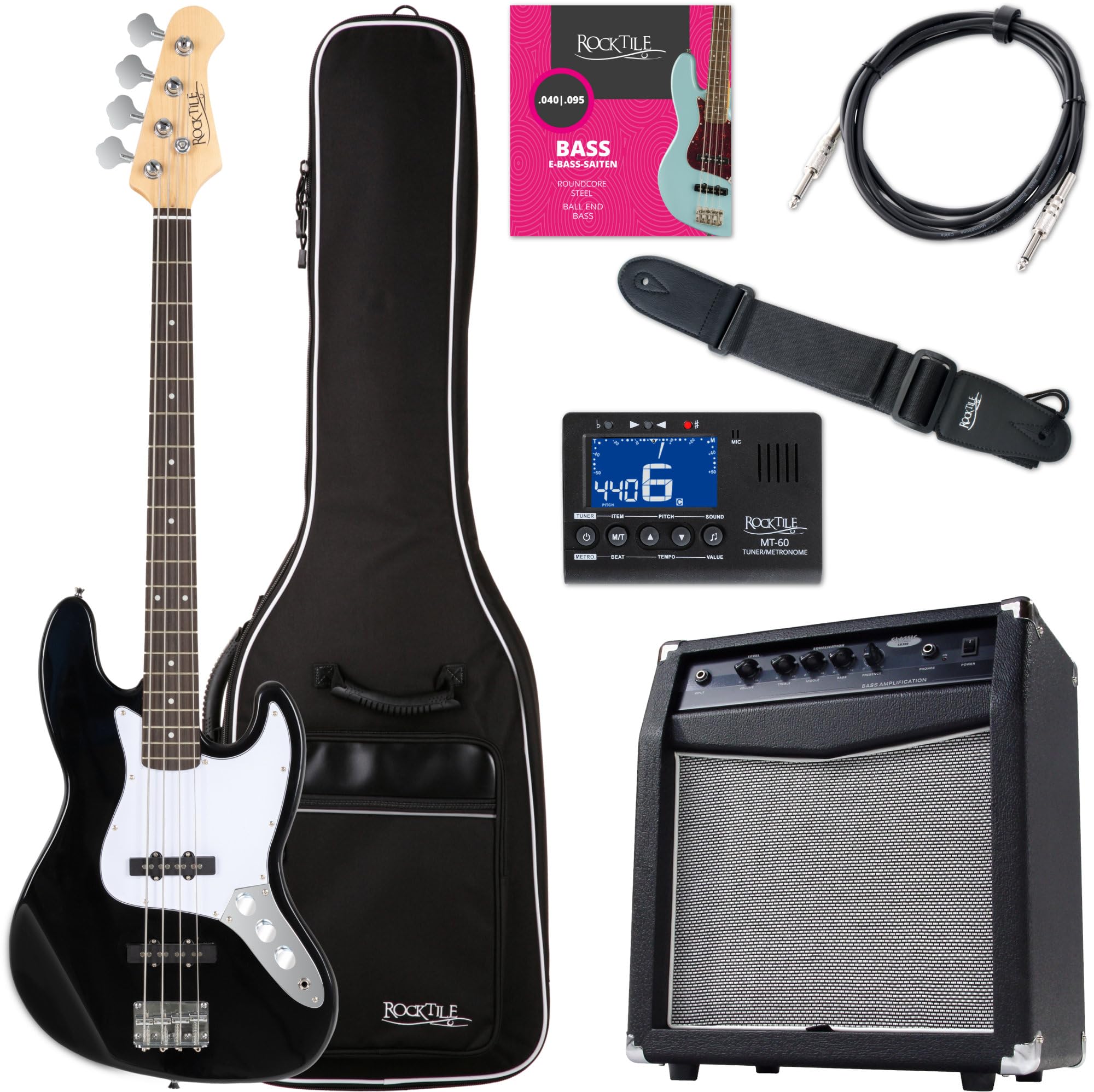 Rocktile Fatboy II BK E-Bass Black Starter Bundle, Basso Elettrico | Basso Elettrico Stile Jazz, 2 Pickup Single Coil, 2 Controlli Volume/ 1 Controllo Tono, Corpo: Tiglio, Tastiera: Palissandro