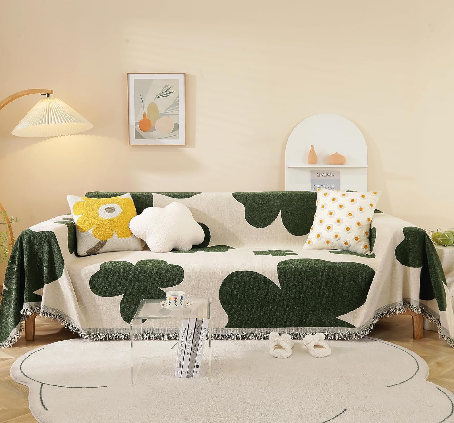 Floral Chenille Couch Cover Beige Green Sofa Covers for 3 Cushion Couch Non-Slip Sofa Slipcover Pet Friendly Sectional Couch Covers for Dogs Versatile Reversible Furniture Cover,71"x134"