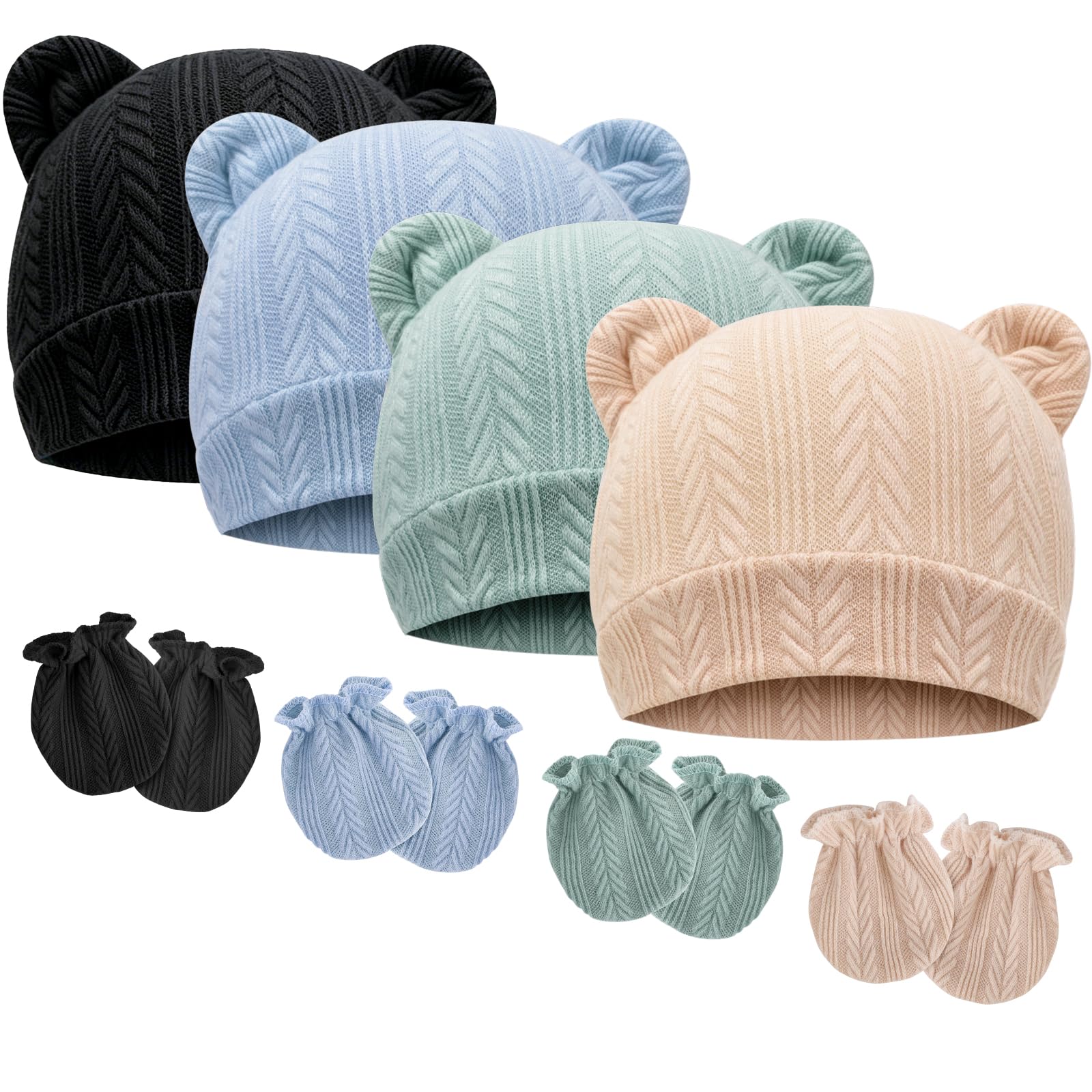 BQUBO Newborn Baby Hats Bear Ears and Mittens Sets Preemie Caps Baby Boy Girl Infant Hospital Beanie for 0-3 Months