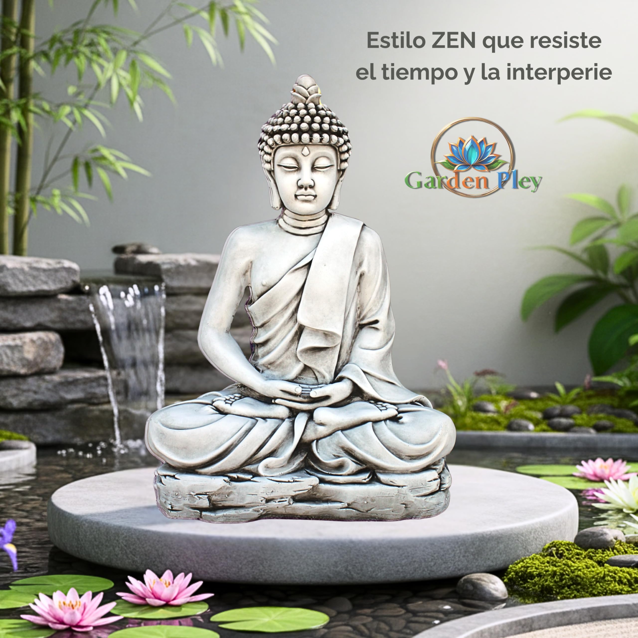 Buda Grande Sereno 73 cm (Ceniza). Budas Grandes de Jardin Zen en Piedra Artificial para Decoracion Jardin Exterior. Figuras y Budas Decorativos. Estatuas Decorativas Feng Shui.