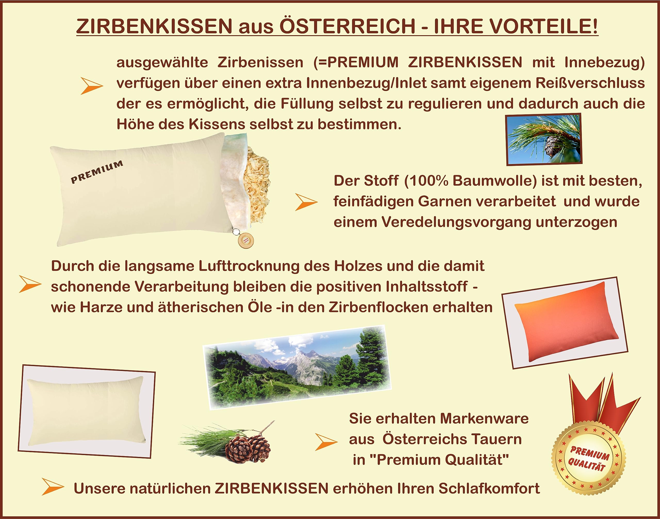 Zirbenkissen - befüllt mit Tiroler Zirbenflocken - wählbar mit verschiedenen Motiven (beige, 40 x 60 cm)