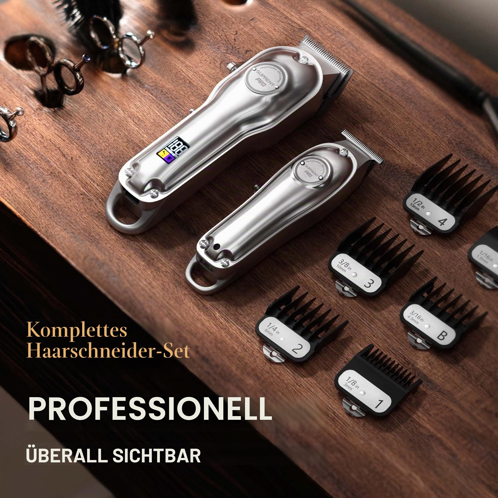 SUPRENT Haarschneidemaschine Profi-elektrischer Haar und Bartschneider Haarschneider Herren/Kinder/Frauen wiederaufladbar Haartrimmer Rasierer mit LED-Disply (Silber)