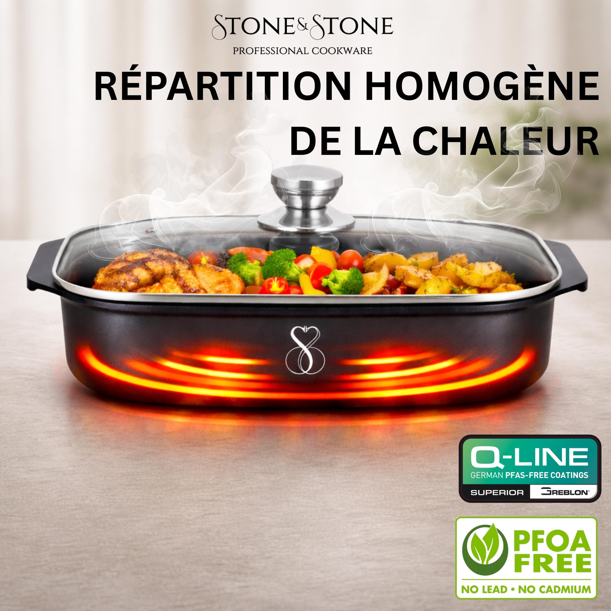 Stone&Stone Plat à Four Antiadhésif 34x8 cm Rectangulaire, Plat à Gratin Plat Lasagnes avec Revêtement Céramique Allemand Greblon Pour Induction Gaz et Four Sans PFAS PFOA PTFE + Couvercle Spatule