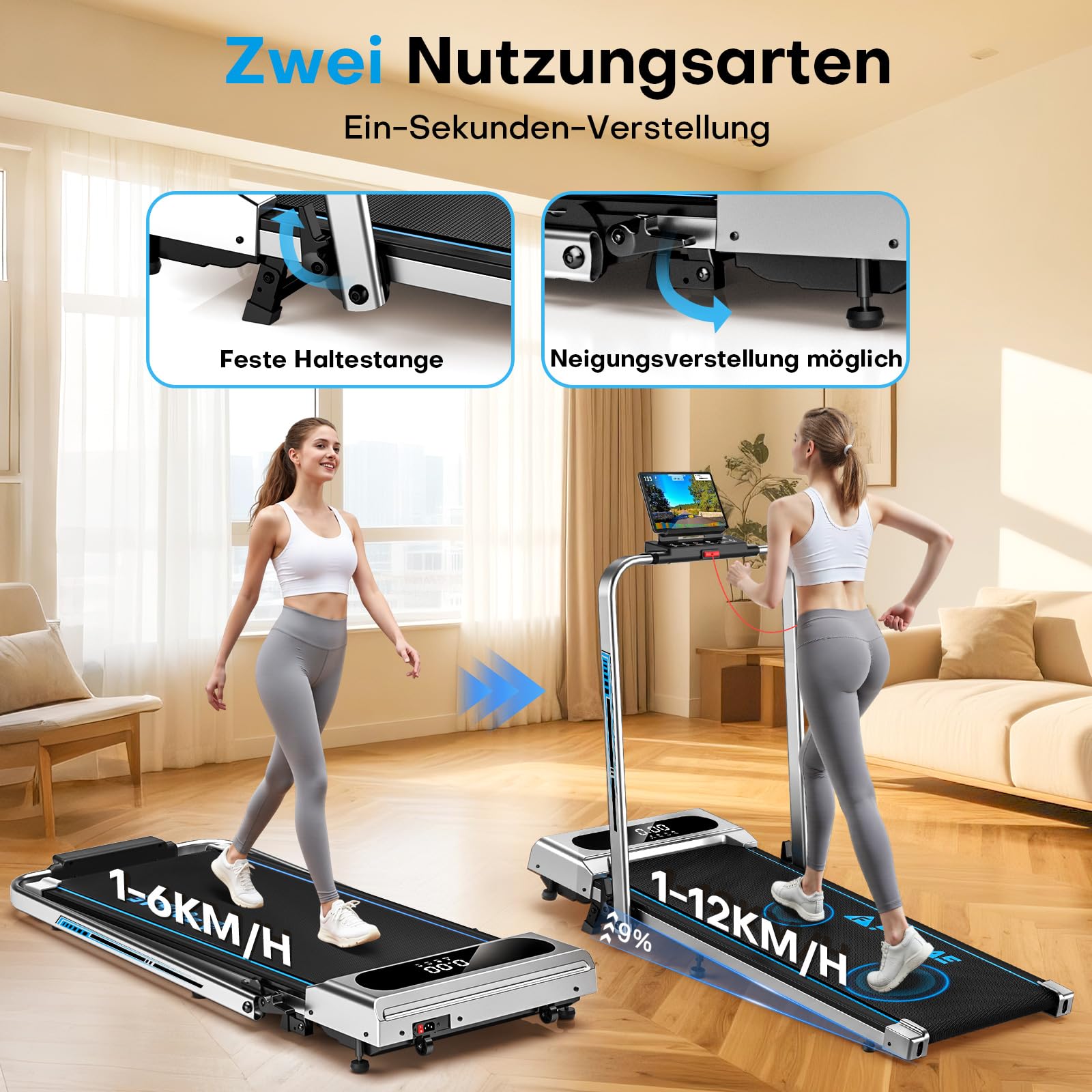 Laufband für Zuhause, 5 in 1 Walking Pad, 12km/h Klappbar Laufband mit 9% Steigung, 2.75HP Walking Machine mit LED-Anzeige, Fernbedienung und App, 12 HIIT, Bis 160 kg, Keine Installation