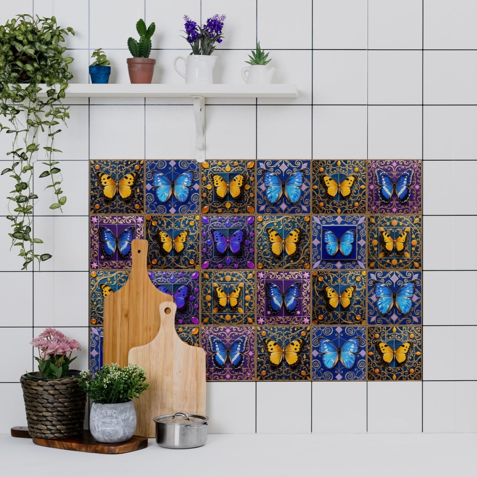 LMYSXAOZ Stick On Tiles Purple Butterfly Yellow Kitchen Tile Stickers Peel and on Bathroom Durable Waterproof Oil-Proof Self Adhesive Floor Transfers Removable 10x10cm/24 Pcs