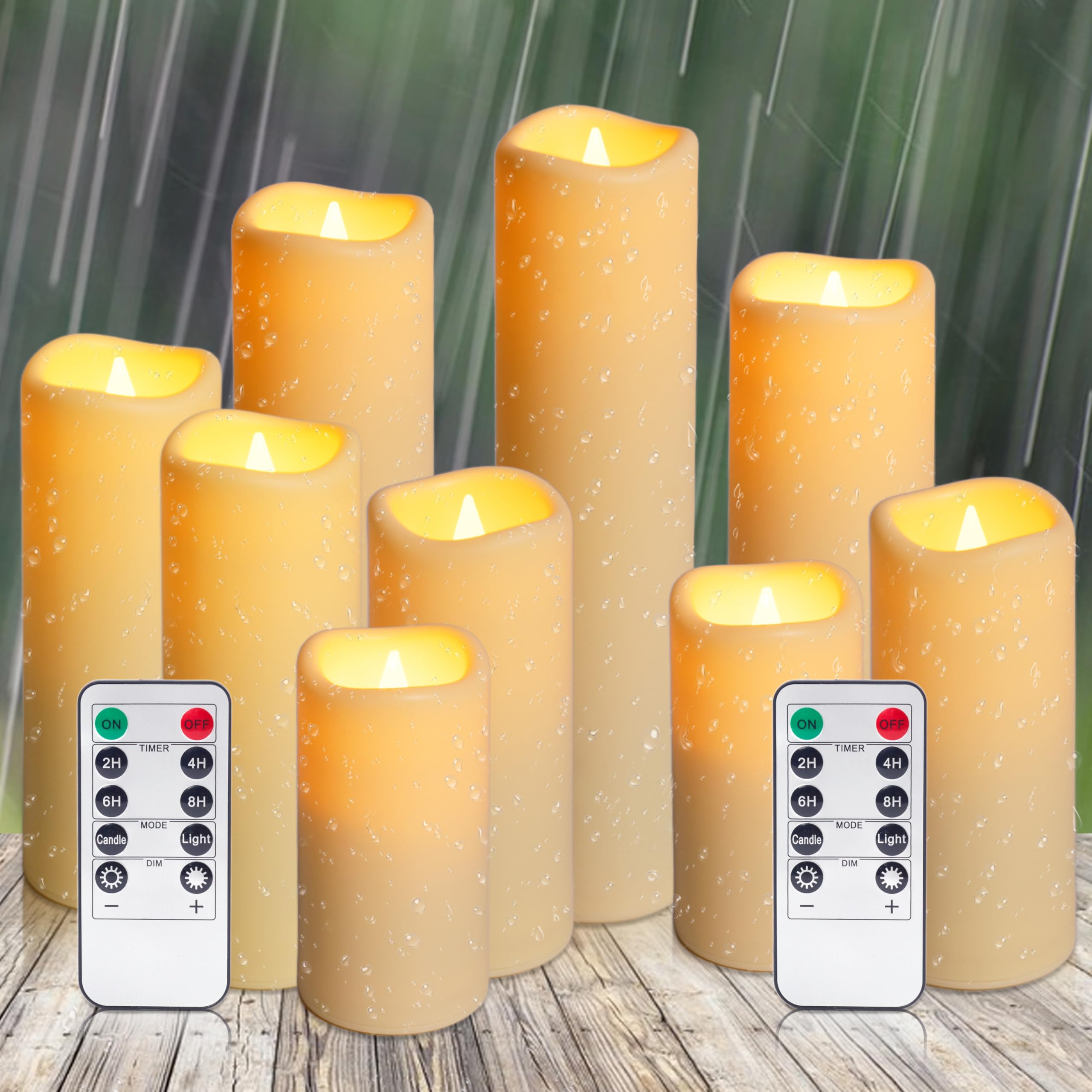 Auralome Battery Operated Waterproof Candles - LED Fake Remote Control Pillar Timer Candle D2.2 Large Flickering Flameless Flame Realistic Electric Church Outdoor Artificial Plastic Tall Candle 9 Set