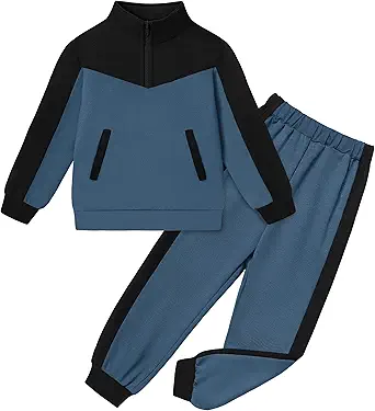 Boys Clothes Solid Color Block Kid Boys' Clothing Sets Stand Collar Half-Zip Sweatsuit 2pcs Outfits with Pocket 6-12y