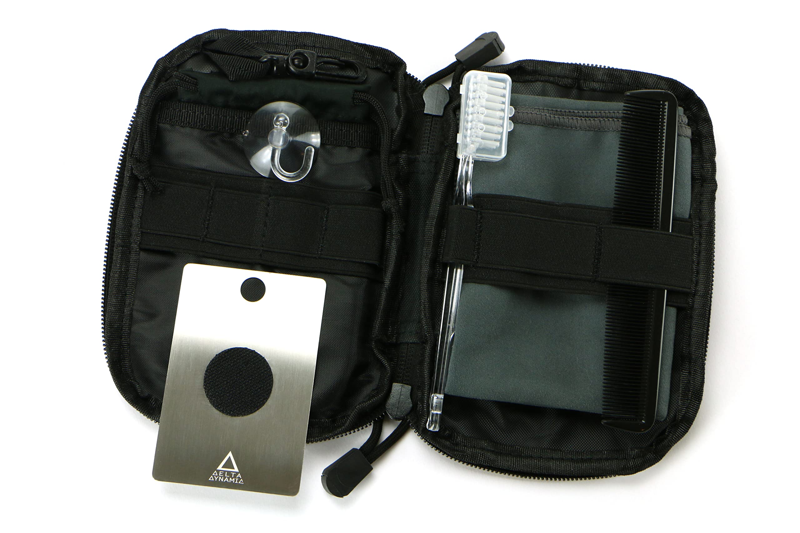 Compact Wash Kit - Travel Set of Stainless Steel Mirror, Microfibre Towel, Comb and Toothbrush in a Tough Nylon Zip-up Pouch. UK-Made - Image 2