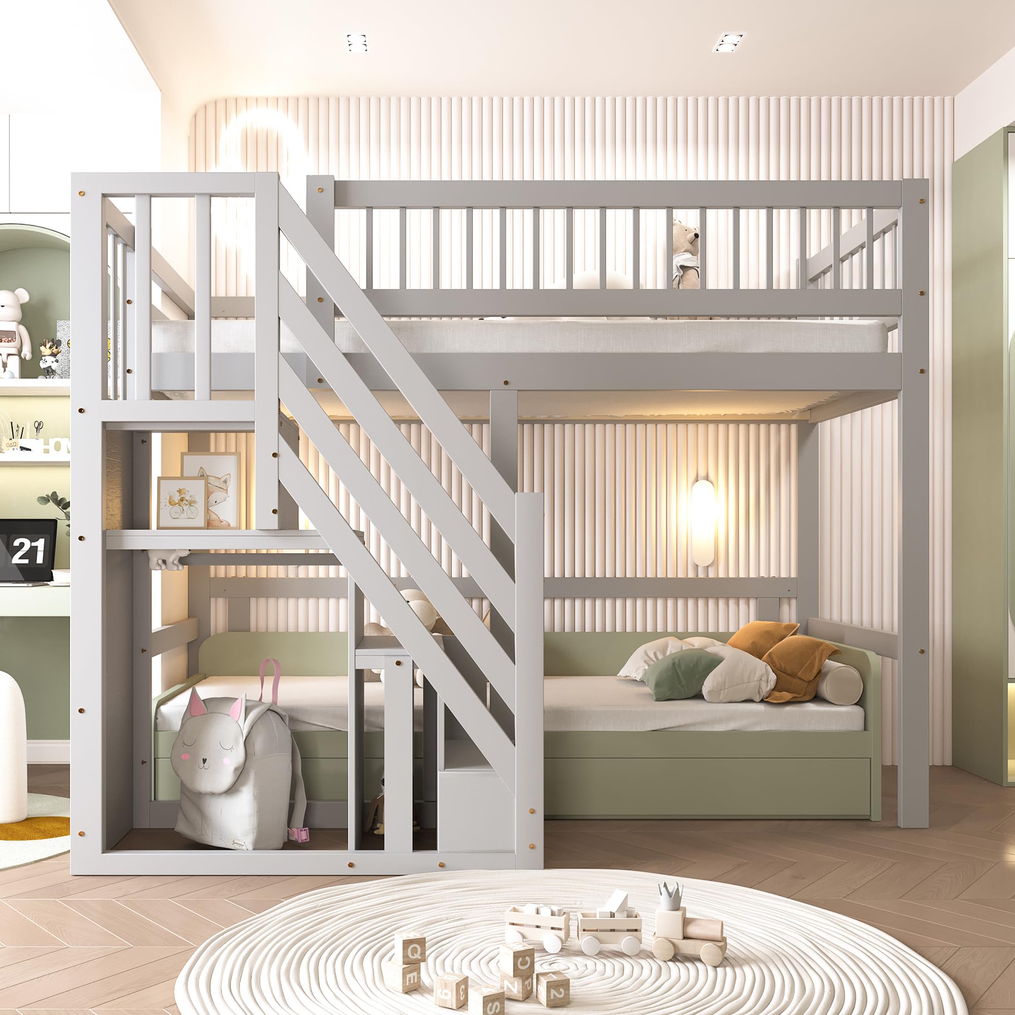 Hochbett 90x200cm, Etagenbett Treppe mit Aufbewahrungs Schrank, Raumfreundliches Design Hochbett für kleine Zimmer oder Gemeinschaftsräume, Grau