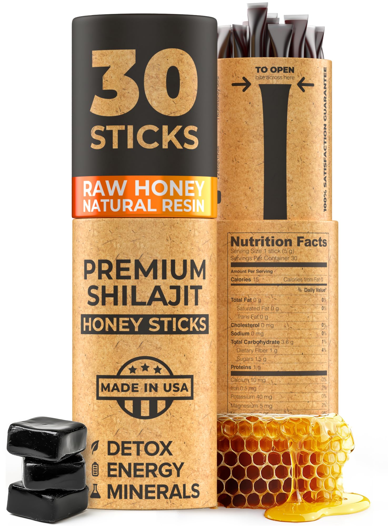 NATURAL SHILAJIT Honey Sticks - Shilajit Resin with Raw Honey, Fulvic Acid & Trace Minerals, Plant Based Nutrients for Energy, Immune Support & Vitality - 30 Shilajit Sticks