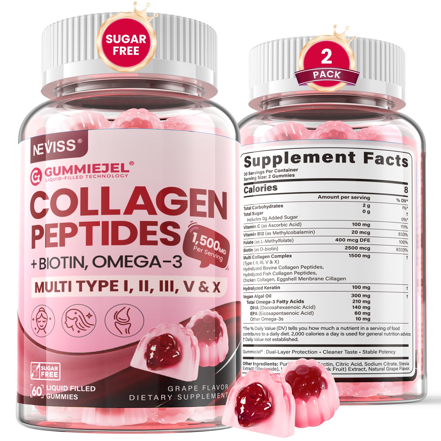 Hydrolyzed Multi Collagen Peptides Gummies for Women Men w/Omega 3, 120ct 60 Count (Pack of 2)