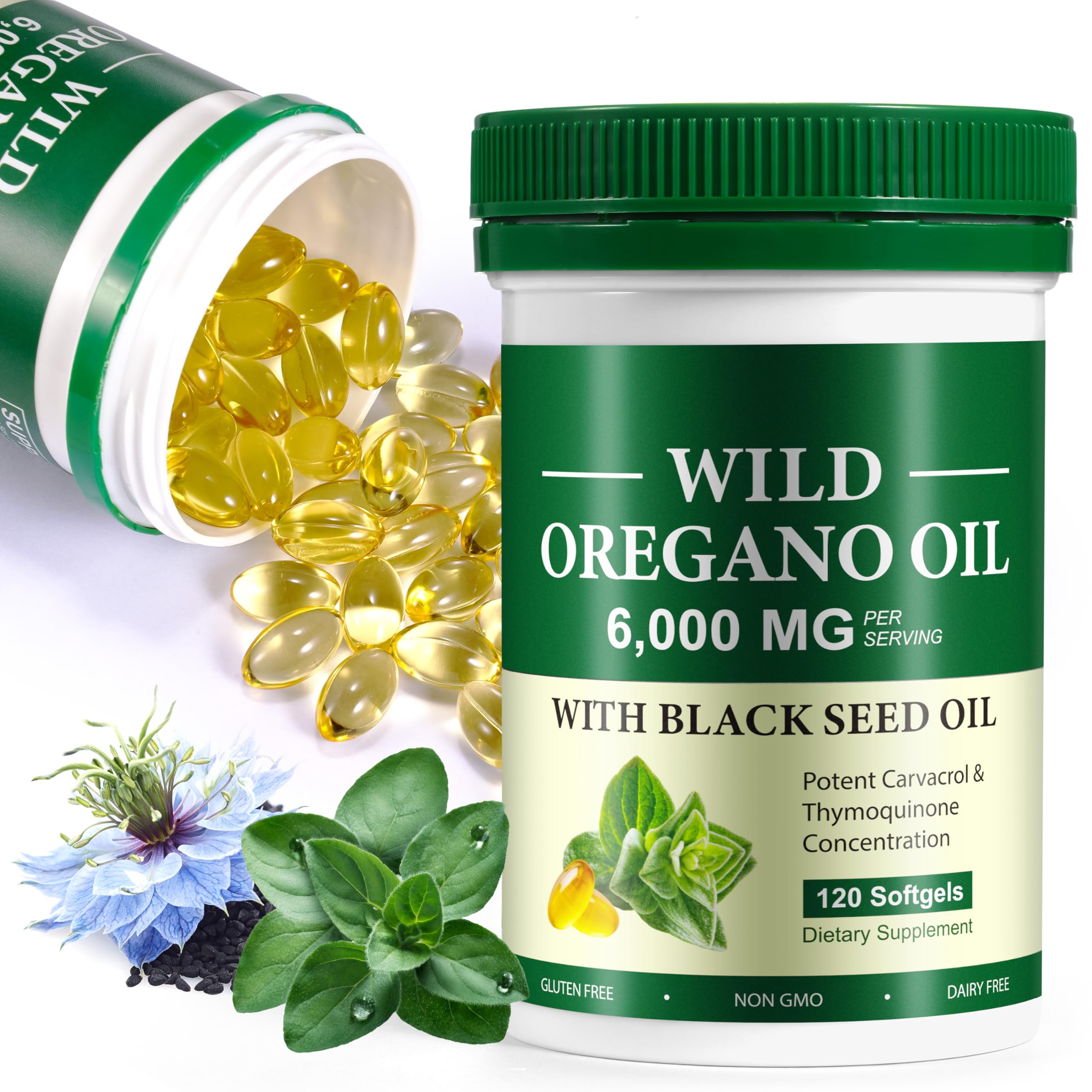 Olio di Origano Capsule, Olio di origano con olio di semi neri 120 capsule, Supporto del sistema immunitario
