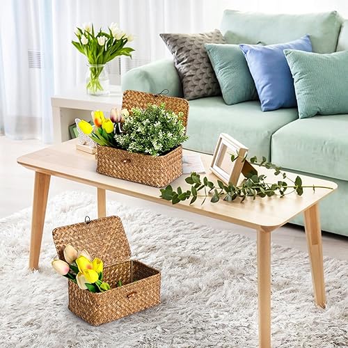 Miniatura 10 de Cesta de almacenamiento decorativa con tapa, juego de 3, contenedores de almacenamiento de hierba marina tejida para estantes para organizar, cestas