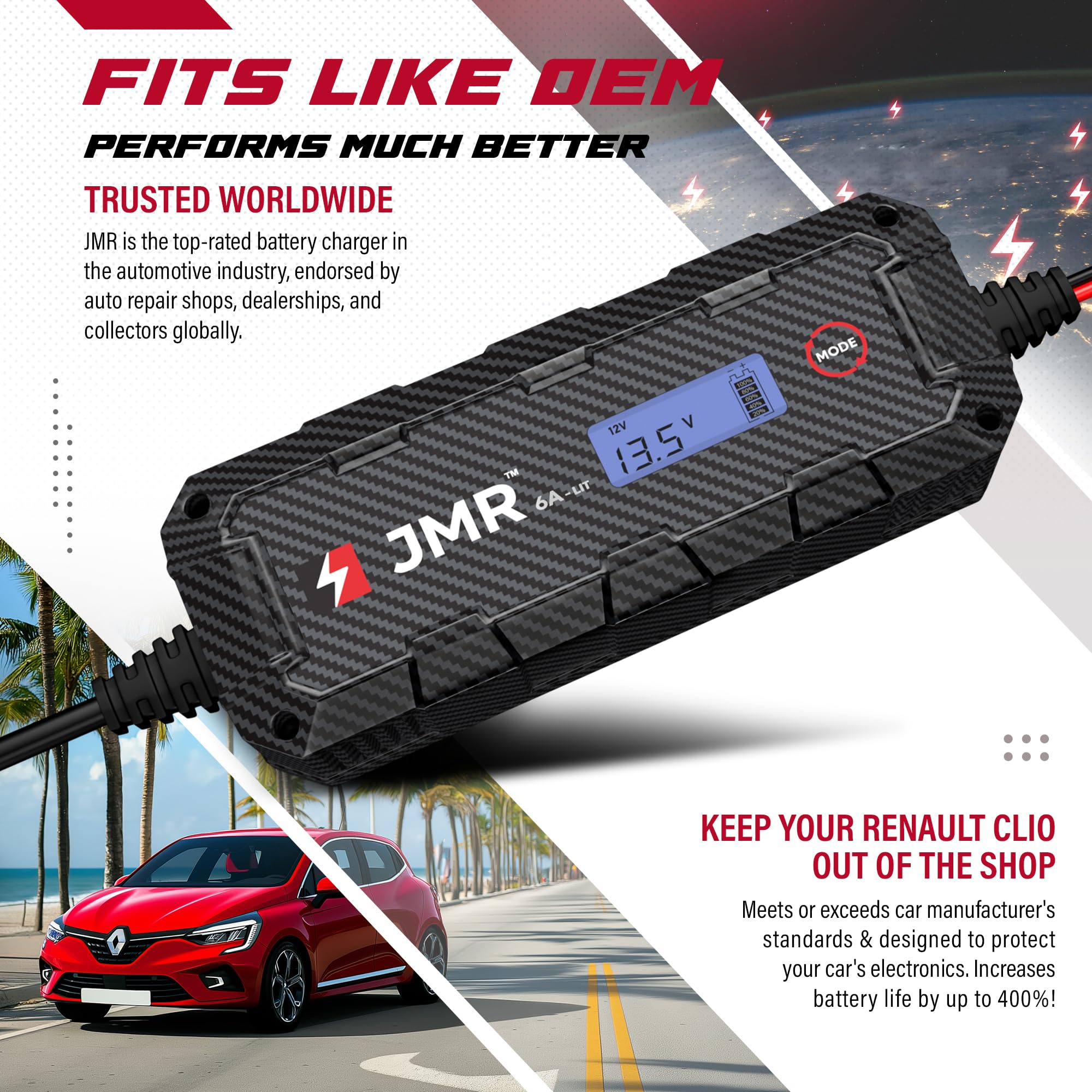 JMR Battery Charger for Renault Espace Talisman Koleos Megane Kadjar Scenic Captur Twingo Climber Kardian Mégane All Models Trickle Charger Conditioner Maintainer (Add Lithium Mode)
