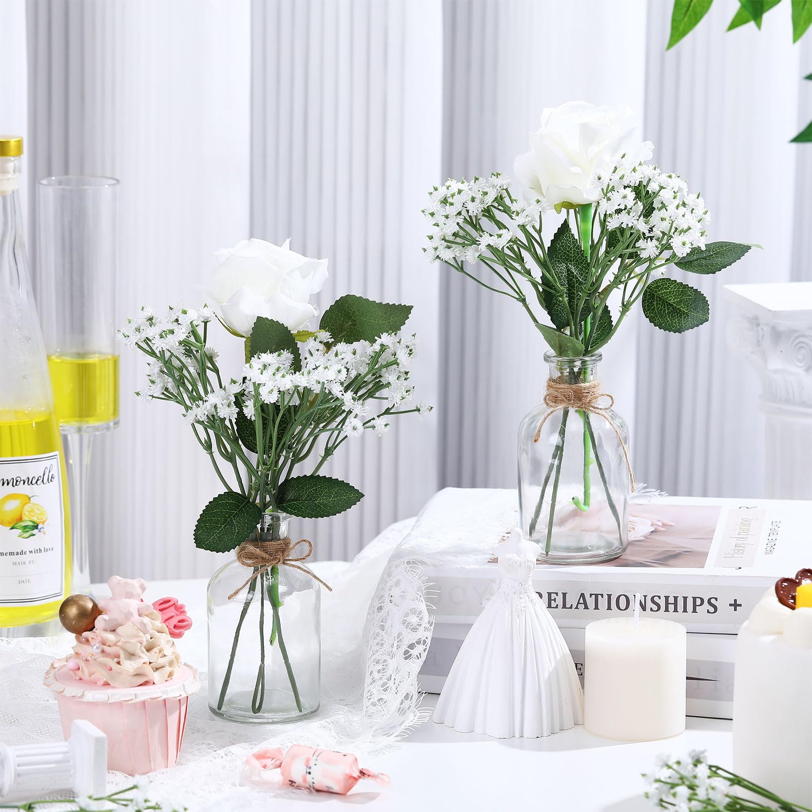 10 zestawów boho dekoracja centralny element dekoracyjny na ślub, 10 białych róż, 10 małych szklanych wazonów, 30 sztucznych bukietów gipsofila, na imprezę, wydarzenie, dekoracja stołu, baby
