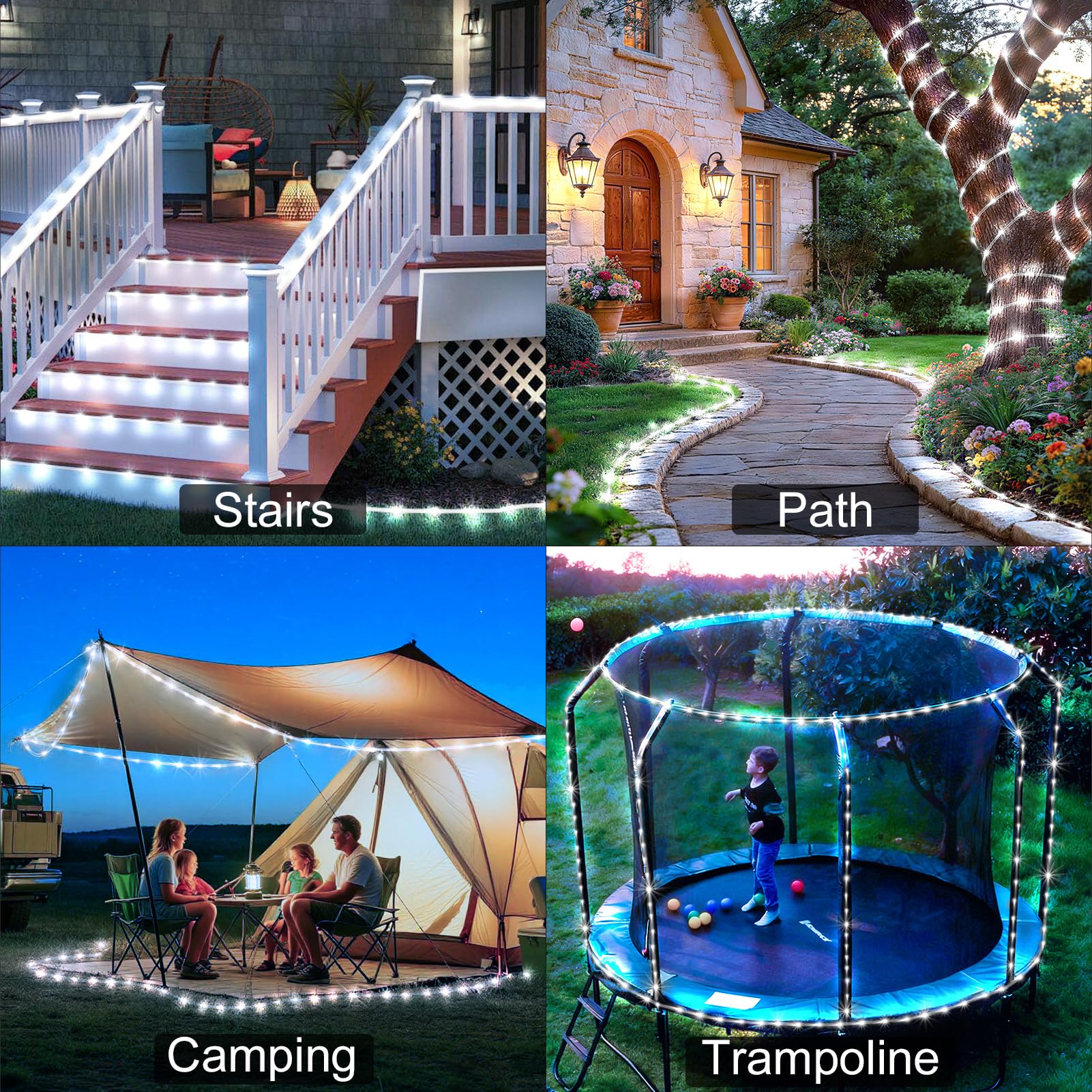 KNONEW Tira de luces solares para exteriores, 300 LED, 50 pies, impermeable, con modos, tubo delgado transparente para piscina, árbol, patio, jardín, valla, camping, terraza, cama elástica (blanco